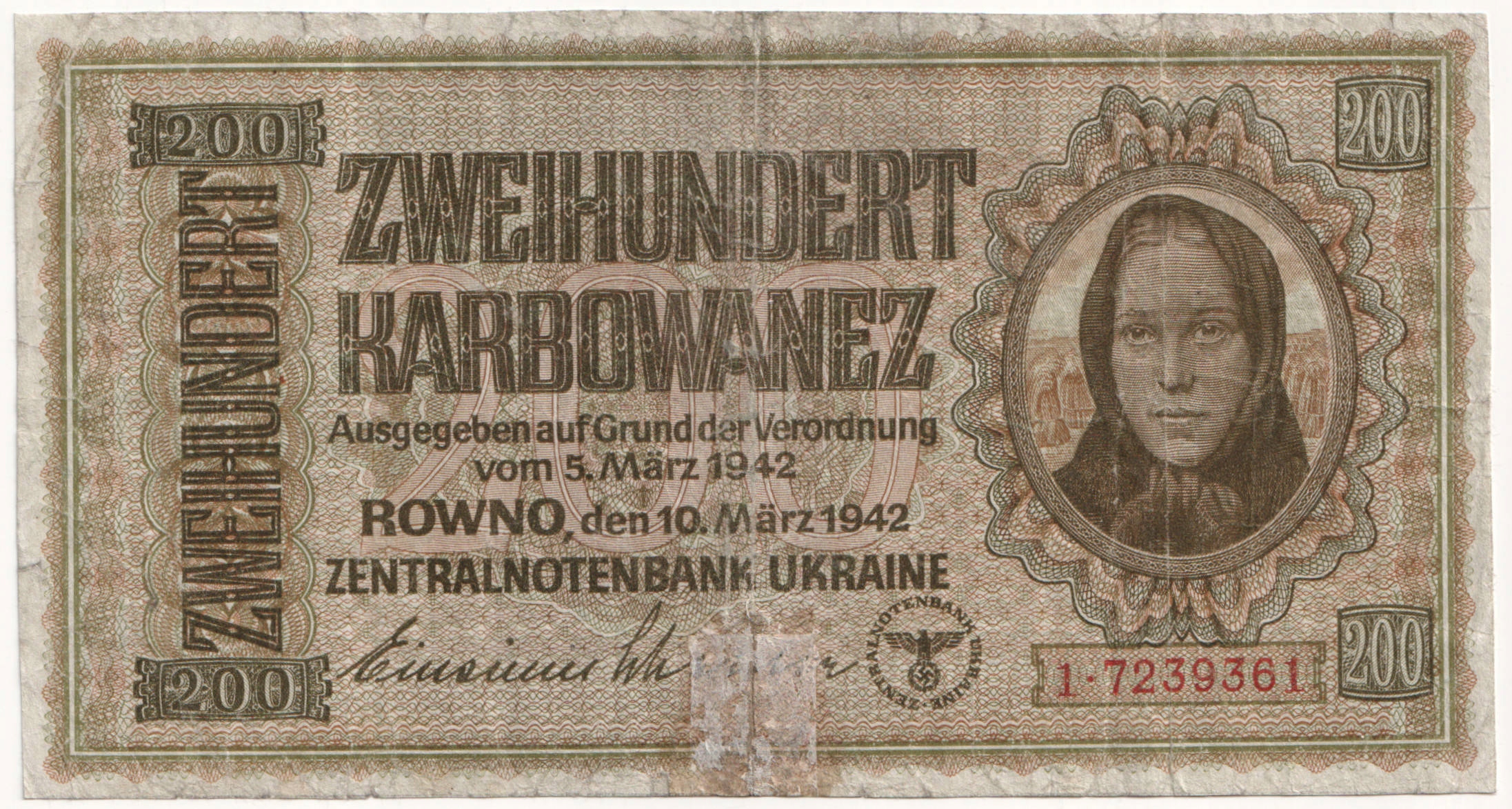 20.dir.Ukraina, 200 Karbowańców 1942, St.3/3-
