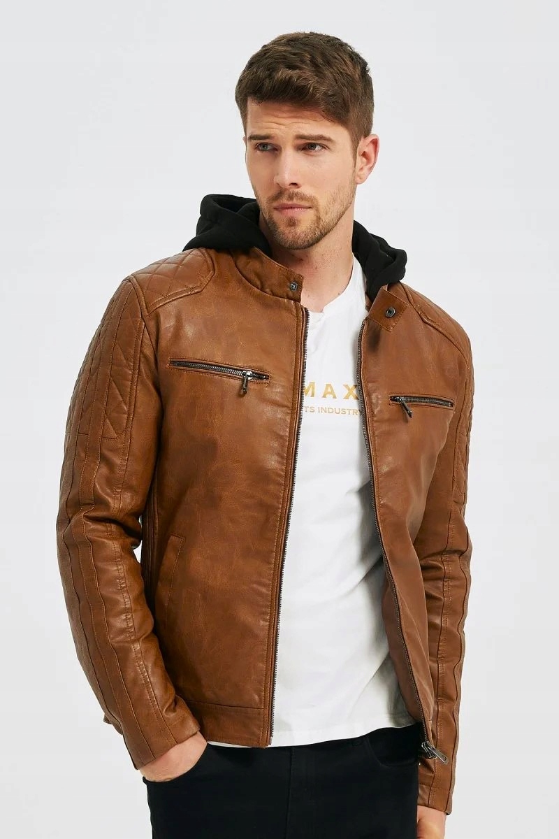 Pánská Kožená Bunda Hnědá Camelová Zateplená Stojáček Kapuce Odnímatelná: M