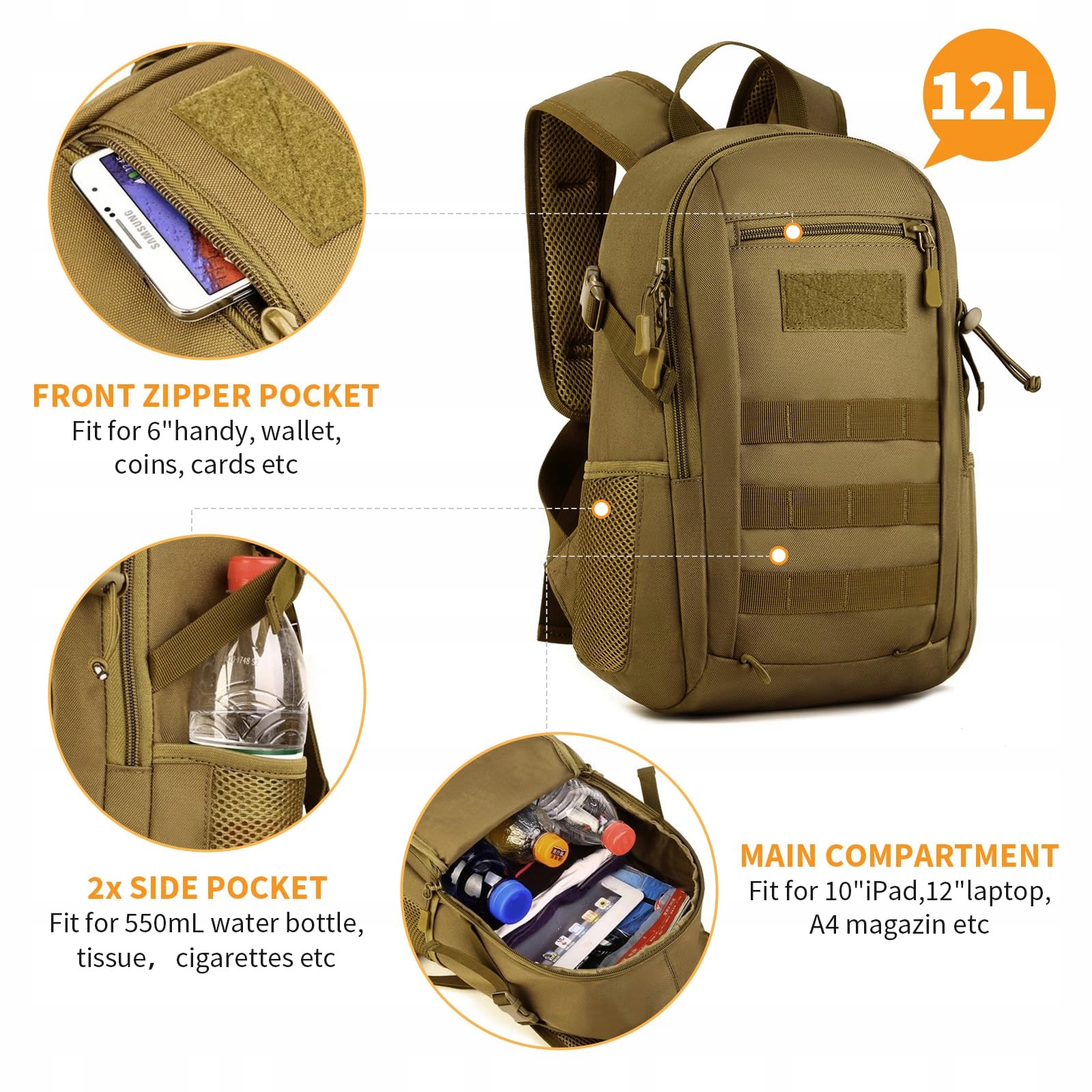 HUNTVP Plecak Takticzny 12L Wodoodporny Molle Outdoor Sportowy Unisex — miniatura 3