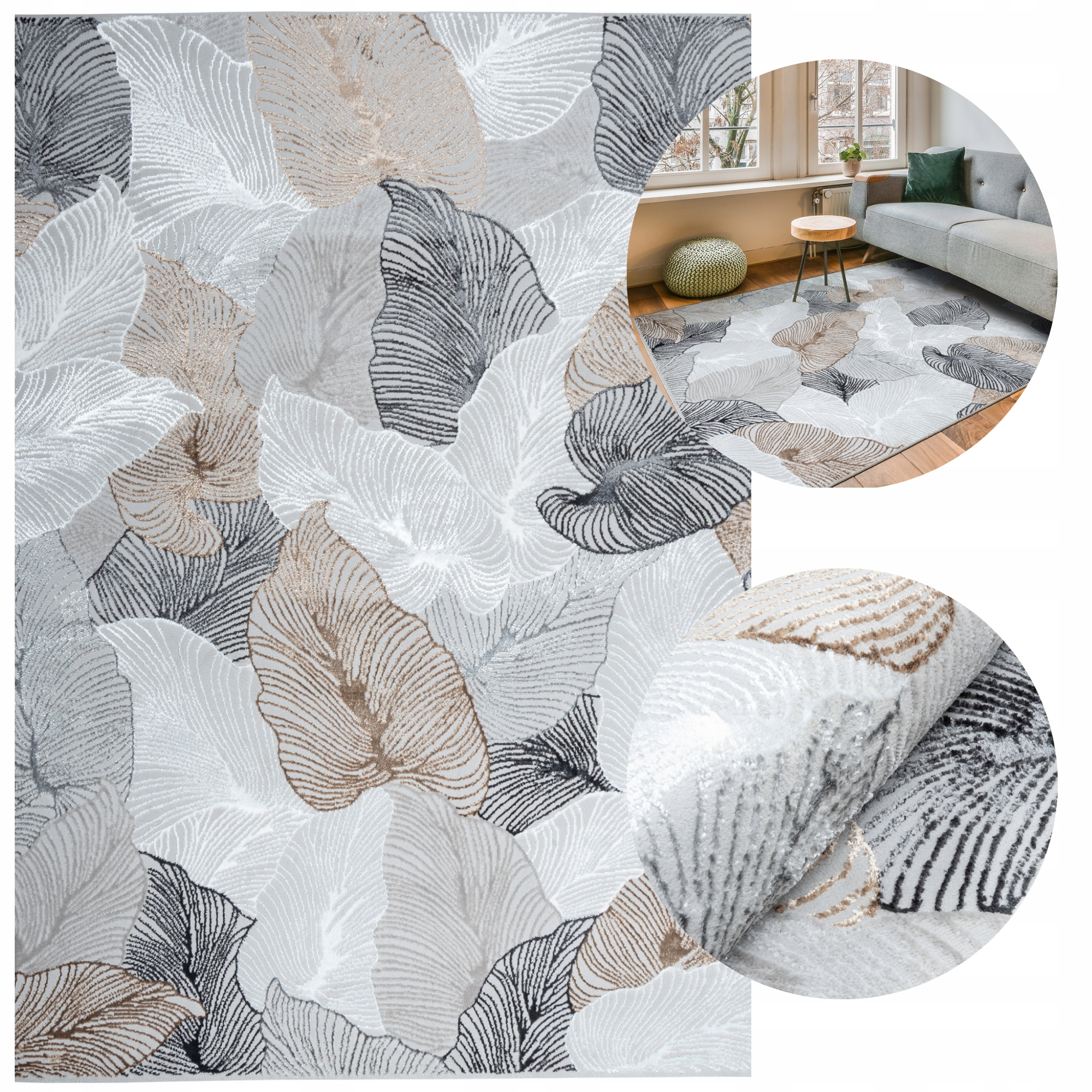 Izbový Koberec Do Obývačky Spálne Listy Sivá Béžová Moderná 120x170 cm