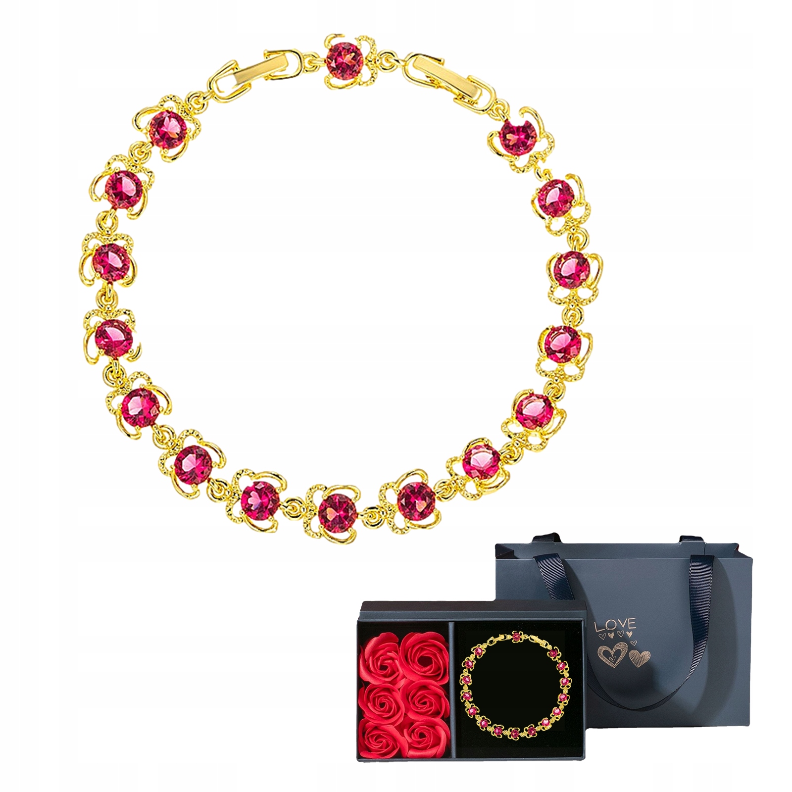 Náramek Jemné řetízky Rubínové Křišťály Pokovené zlatem 999