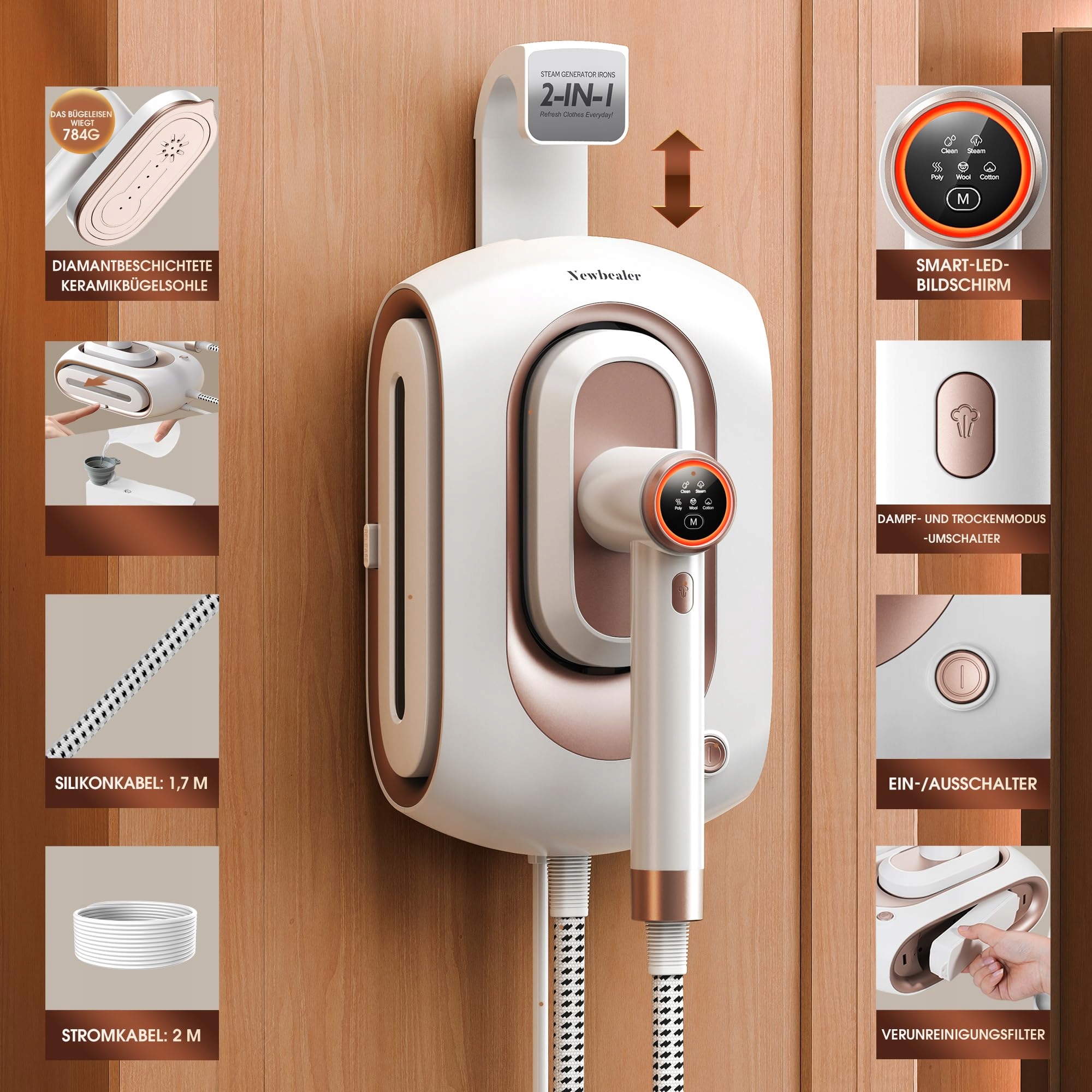 NEWBEALER Stacja Parowa 1600W, 3 Poziomy Pary, 1.2L Zbiornik — miniatura 2