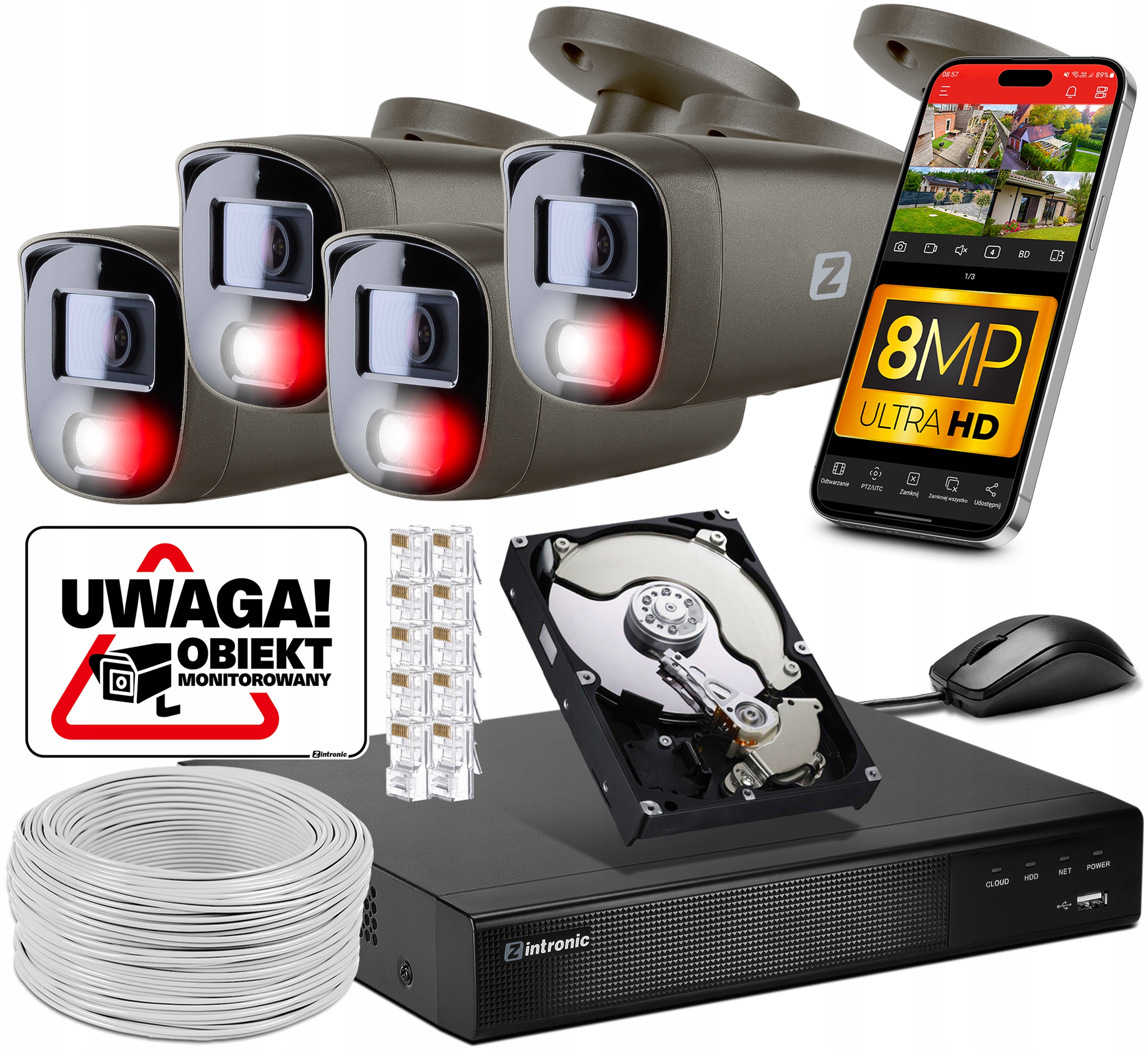 Zestaw Monitoring 4 kamery Poe 4K Ultra Hd 8Mpx Szary