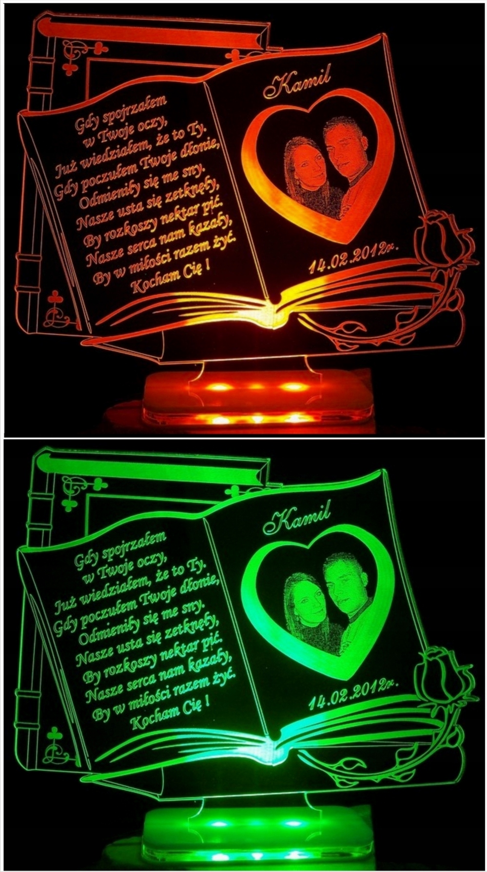 WALENTYNKI PODŚWIETLANA STATUETKA Z ZDJĘCIEM LED Motyw anioł miś róża serce Inny