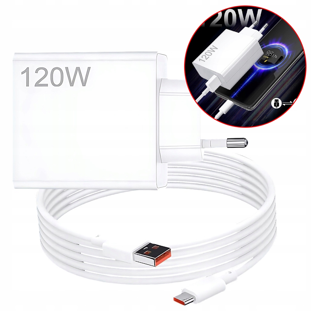 Nabíječka Pro Xiaomi 120 W S Usb C Kabelem, 1 M, Turbo Nabíjení, Bílá