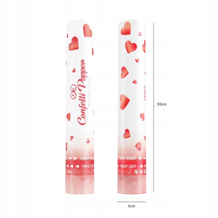 Tuba z konfetti metaliczne serca serduszka czerwone, 30 cm walentynki Marka PartyPal