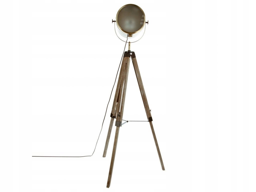 Podlahová lampa trojnožka hnedá, industriálna, v tvare reflektora.