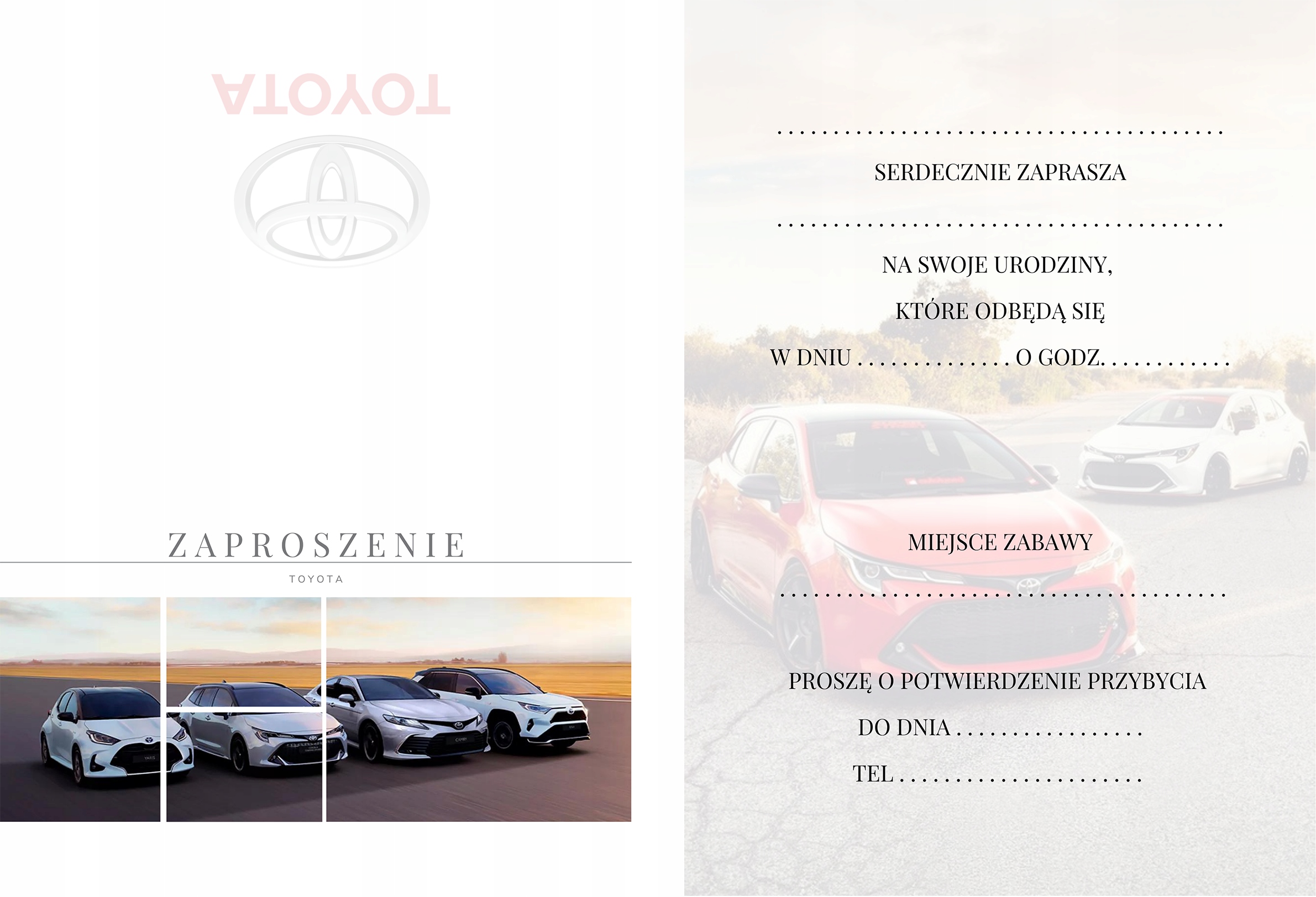 ZAPROSZENIE TOYOTA AUTA SAMOCHODY ZAPROSZANIA URODZINOWE 20x15 cm Marka inna