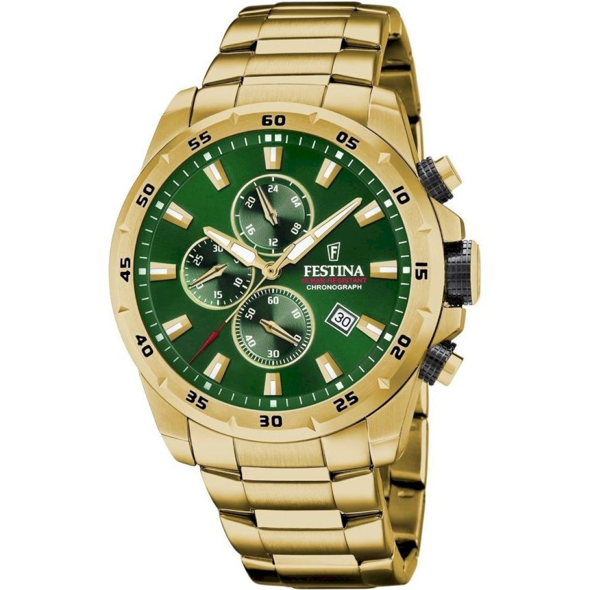 Hodinky Festina na náramku 20541/3 Chrono Sport zlaté se zeleným ciferníkem