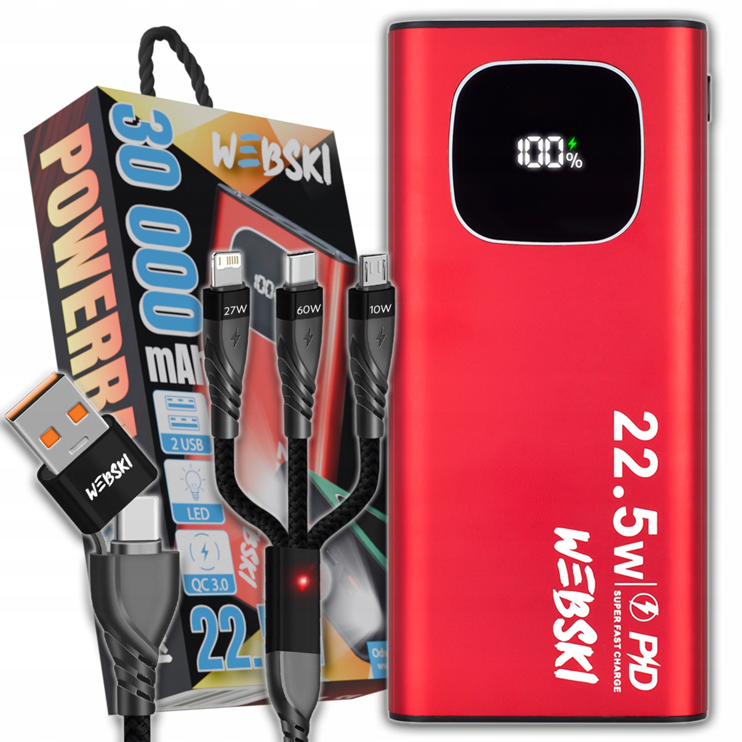 Powerbank 30 000 mAh 2X Usb-c Rychlé Nabíjení Napájení Kabel 6V1