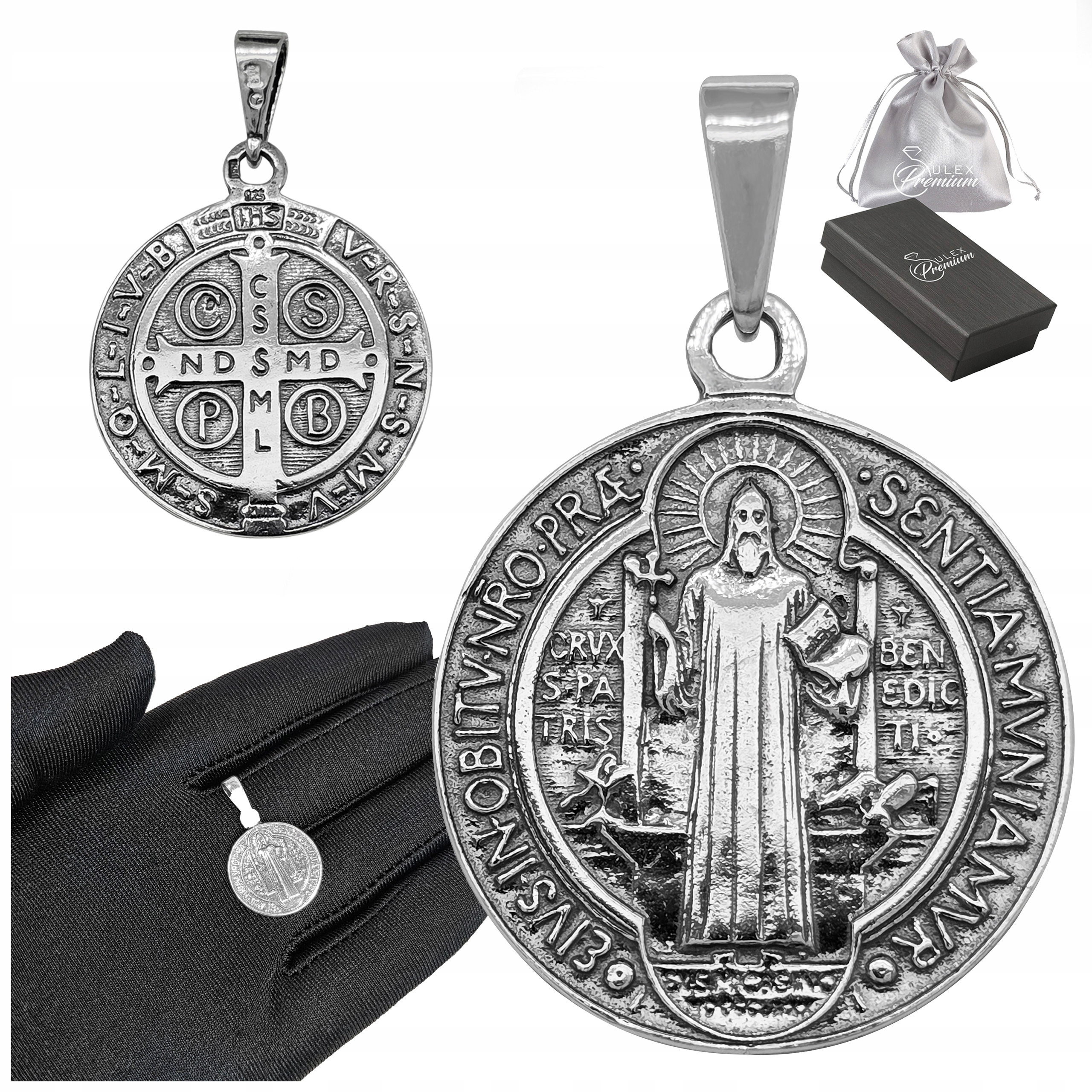Medailon sv. Benedikta Stříbrného ryzosti 925 Oboustranný oxidovaný Přívěsek