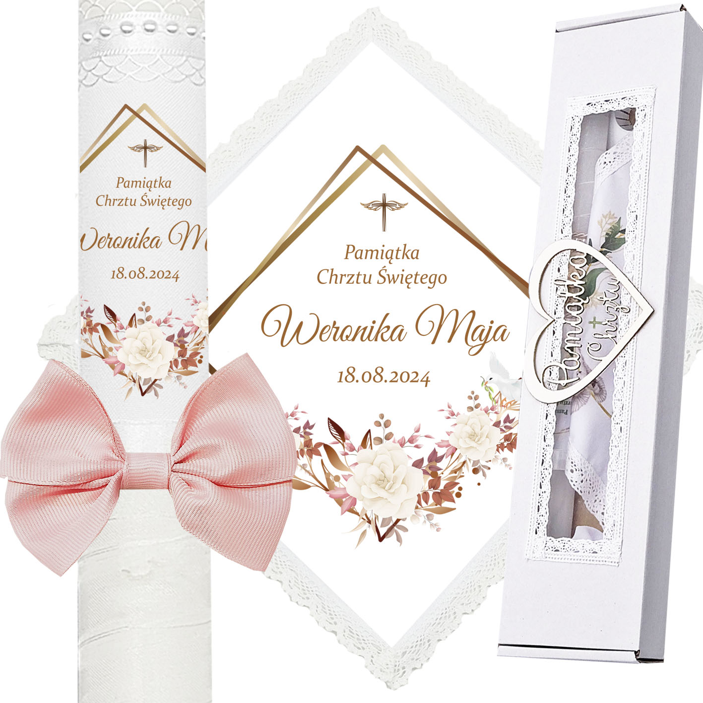 ŚWIECA NA CHRZEST SZATKA DO CHRZTU IMIĘ PUDEŁKO