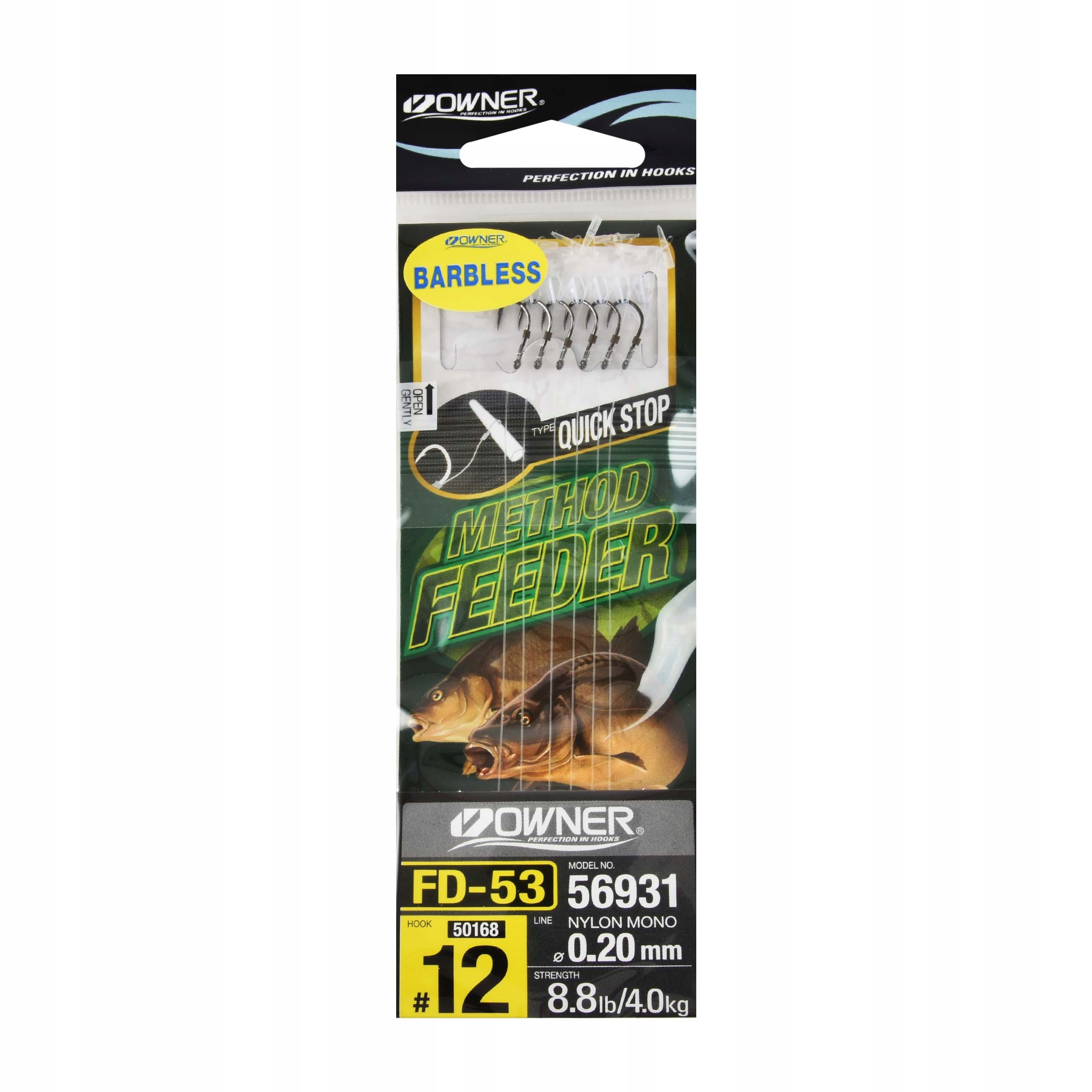 Haczyki Owner FD53 rozm.#12 bezzadziorowe z przyponami+włos Quick Stop 6szt