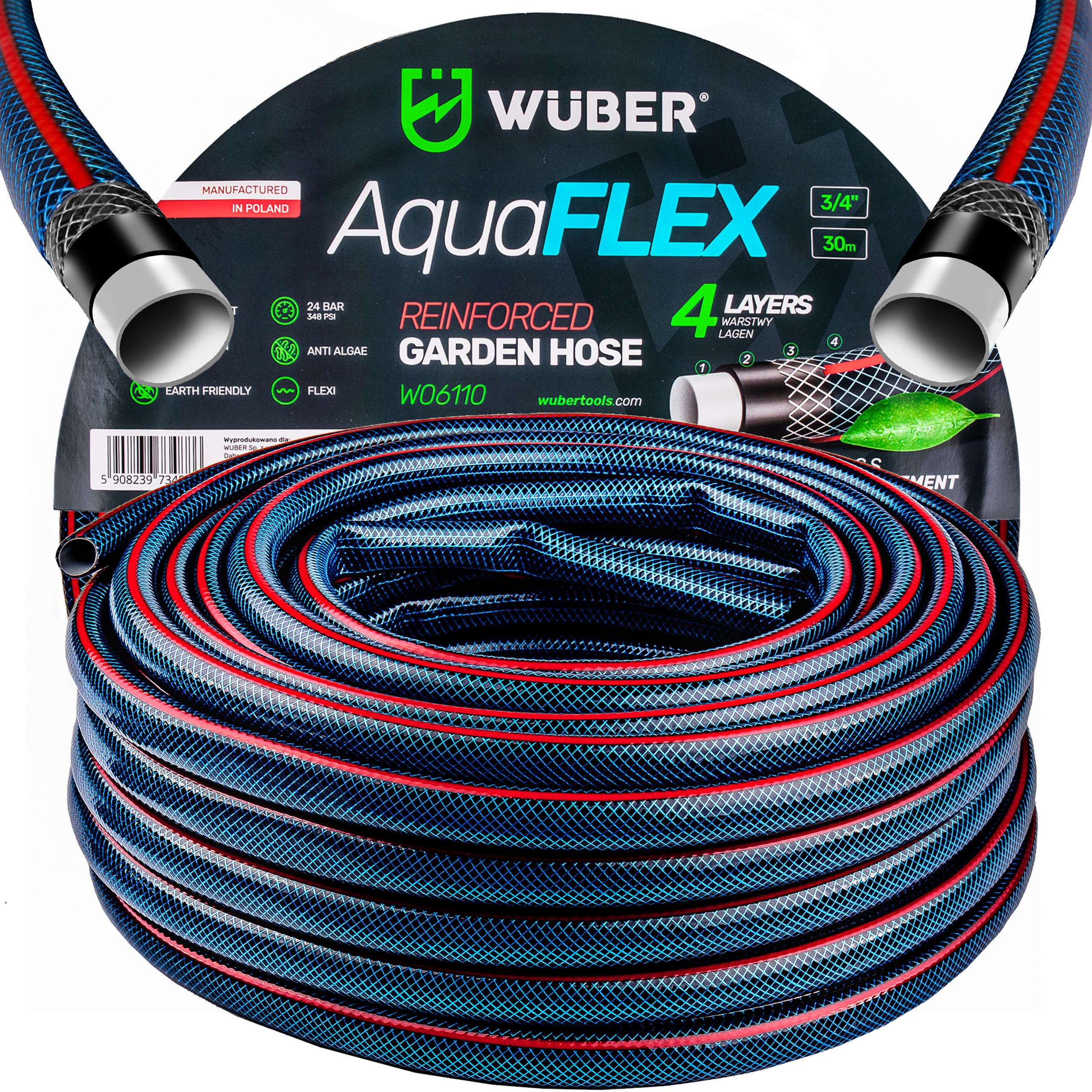 Wąż Ogrodowy Zbrojony 4 Warstwy Mocny Wytrzymały 3/4" 30M Wuber