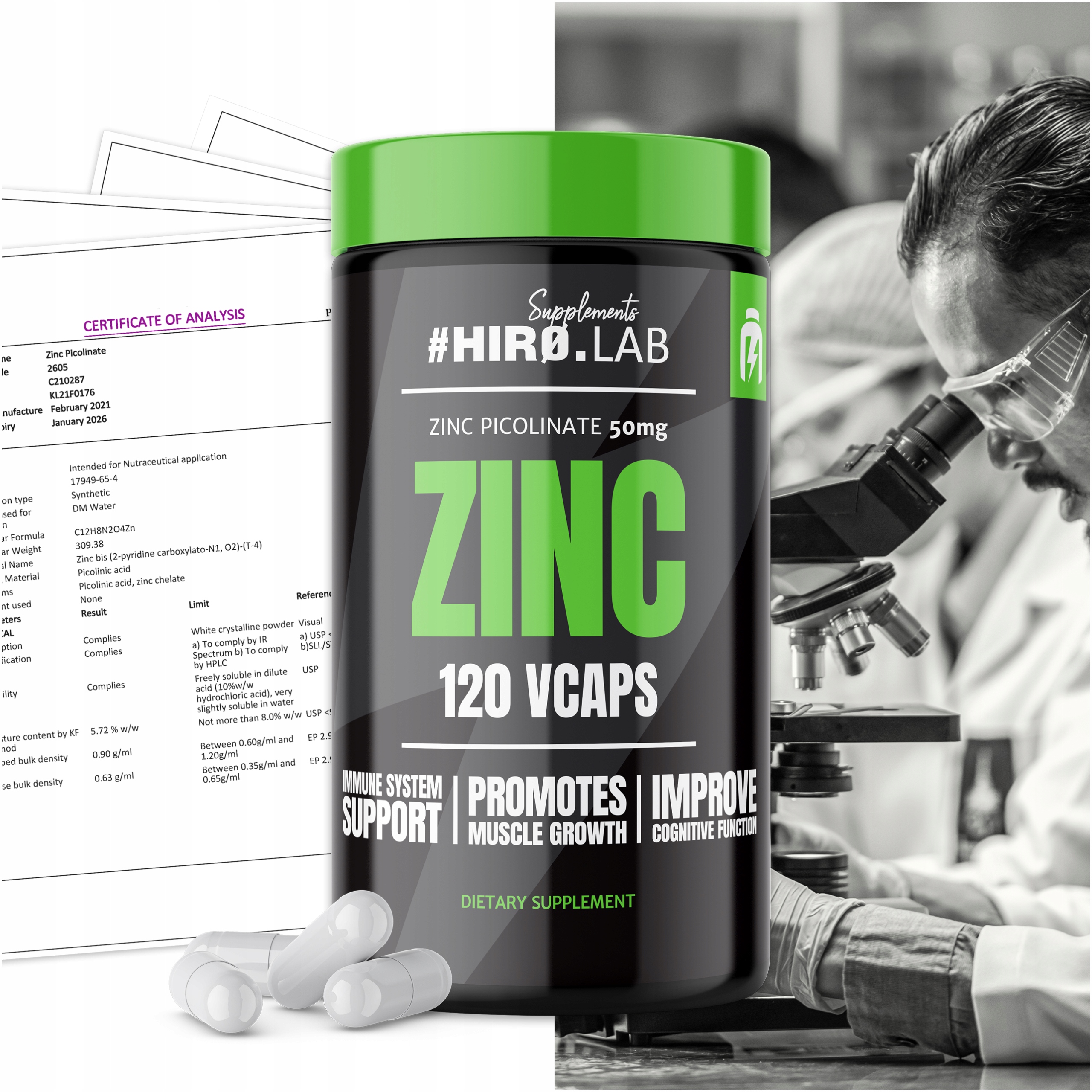 Hiro.Lab Zinc 120vcaps CYNK TESTOSTERON PIKOLINIAN Cechy dodatkowe wegański wegetariański brak