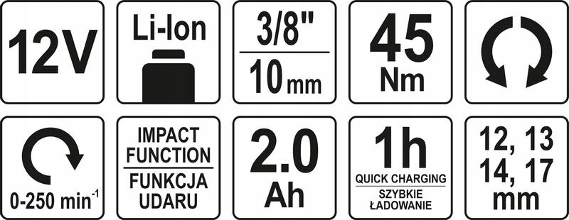 YATO GRZECHOTKA UDAROWA AKUMULATOROWA 3/8 1/2 45NM Pojemność akumulatora 2 Ah
