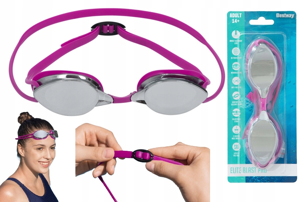 Odporne Okulary Do Pływania Gogle Sportowe Lustrzane Bestway Rożowy