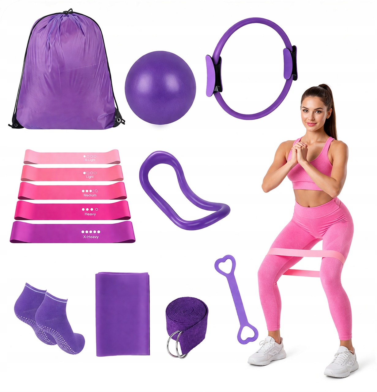 13Pcs Pilates Ring Circle Set Arms Stretch Belt Legs Shoulder Pink