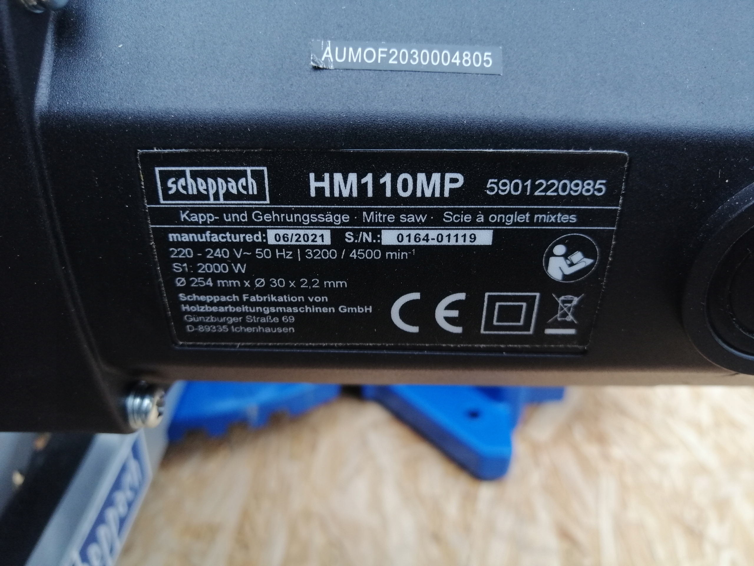 UKOŚNICA Z POSUWEM SCHEPPACH HM110MP 2 biegi 2000W Głębokość cięcia pod kątem 45 stopni 45 mm