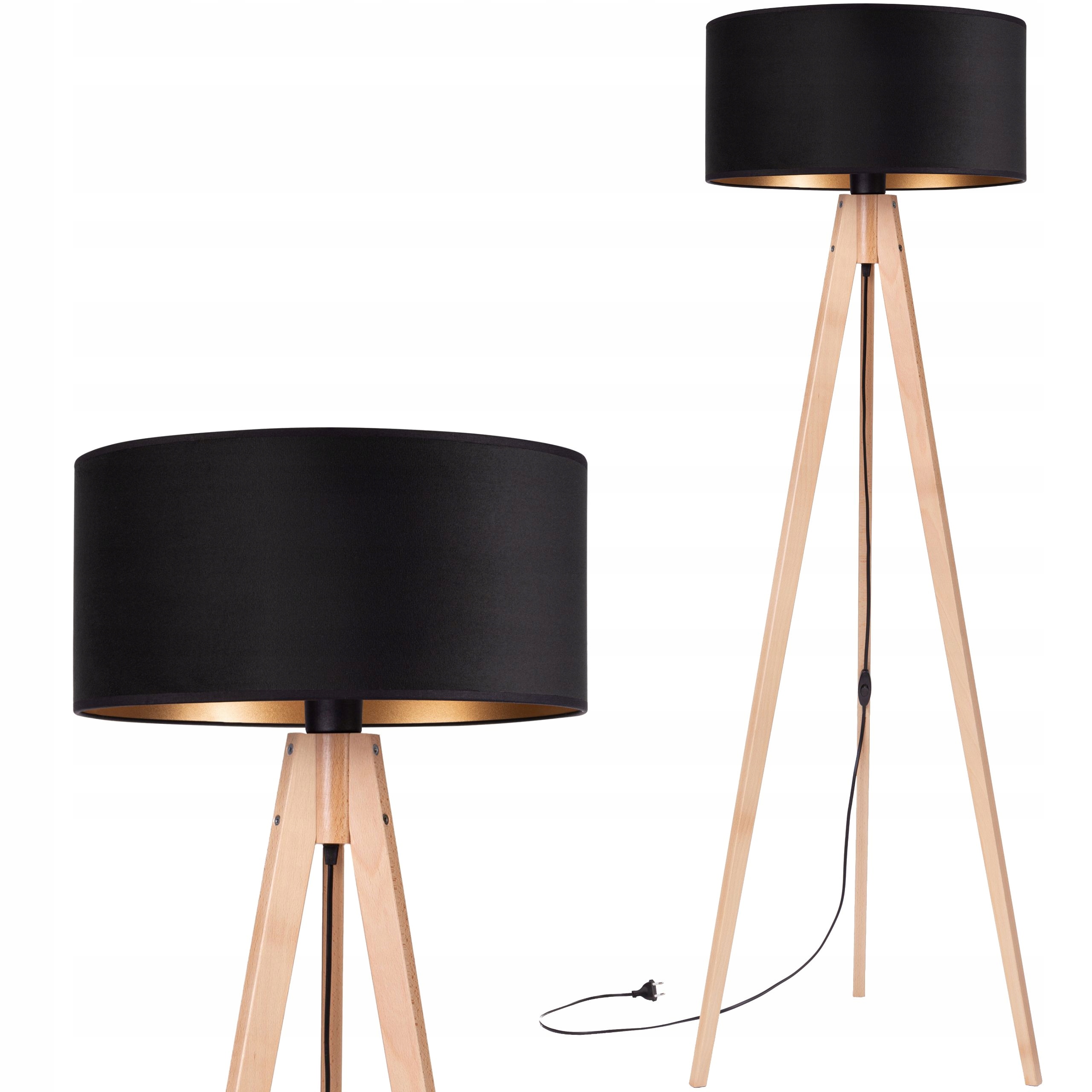 Lampa stojąca podłogowa Trójnóg Drewniany buk Abażur Welur czarny złoty