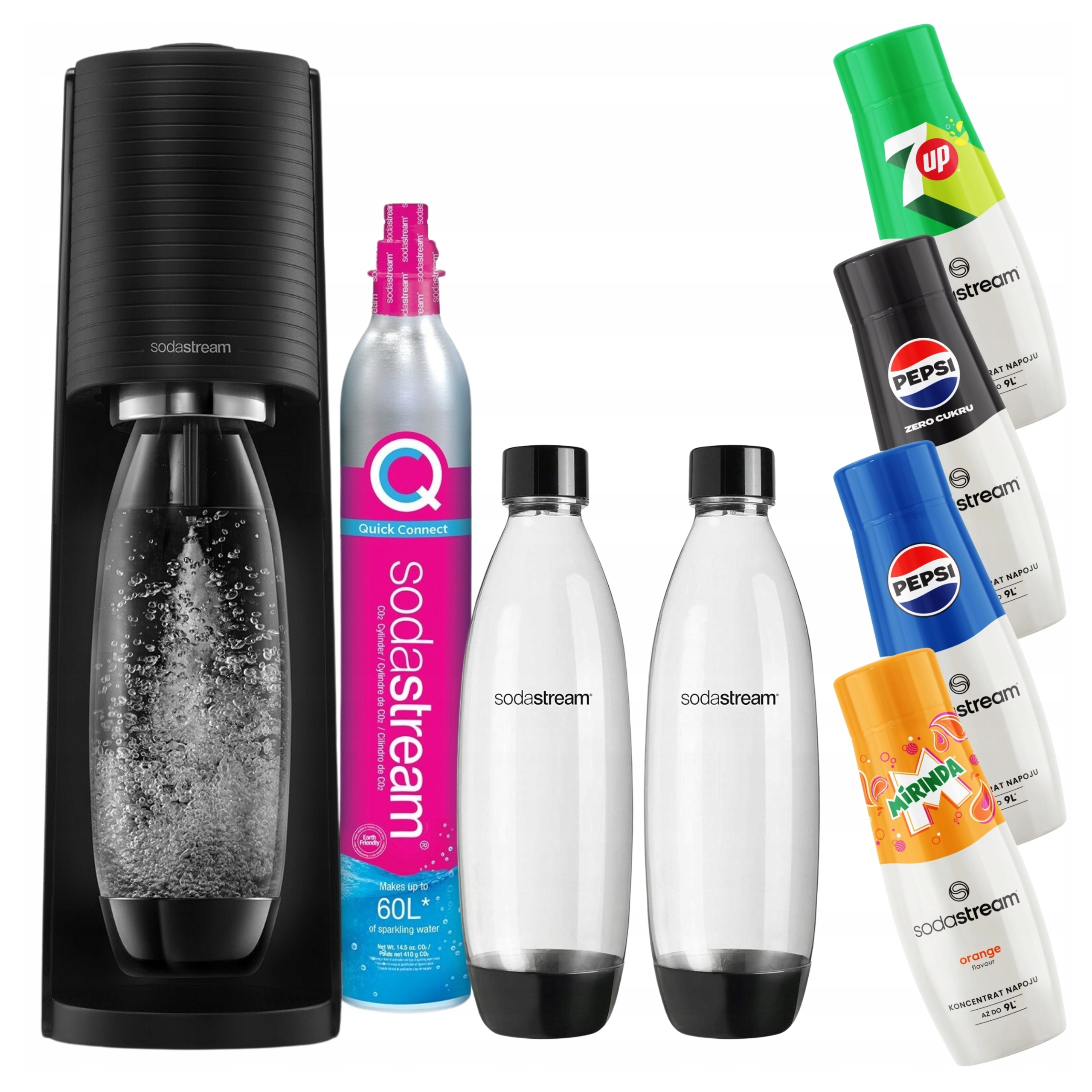 Saturátor Sodastream Terra 2 fľaše 4 sirupy Pepsi 7Up Mirinda Pep Max
