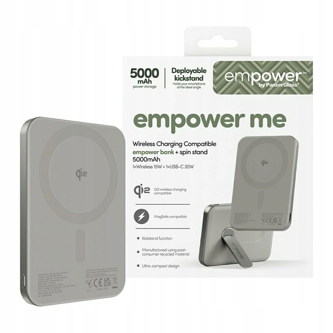 Powerbanka PanzerGlass empower 5000 mAh Spin Stand titanová