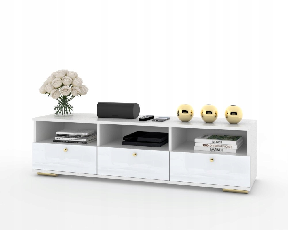 Rtv skříňka Komoda do obývacího pokoje Hania Glam Bílý Lesk Zlaté úchytky Nohy 150