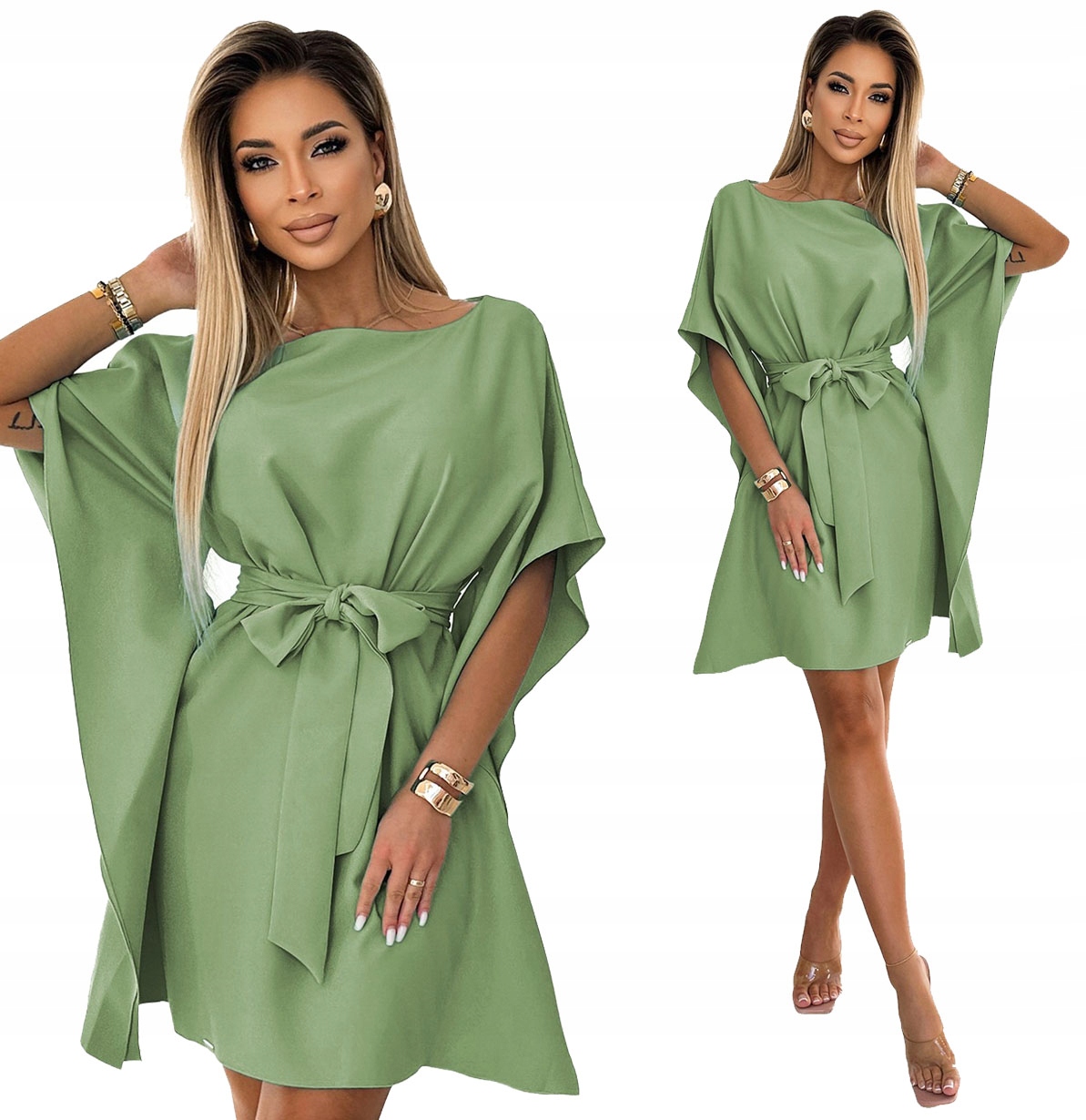 Krásné Šaty S Motýlem A Páskem, Asymetrické Rukávy, Olivově Zeleň S/m