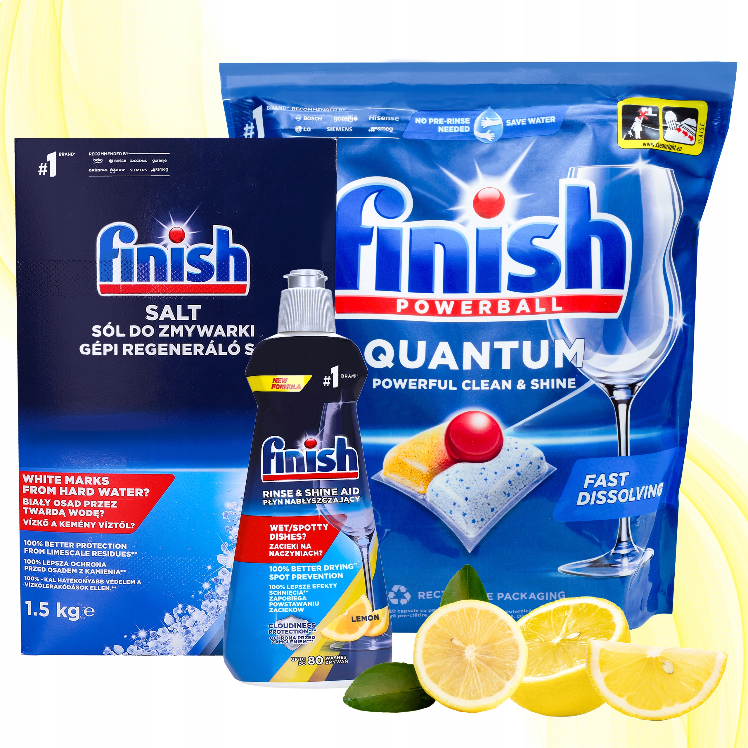 Levně Finish Sada do myčky Quantum kapsle 120 ks Sůl 1,5 Leštidlo 0,4 l