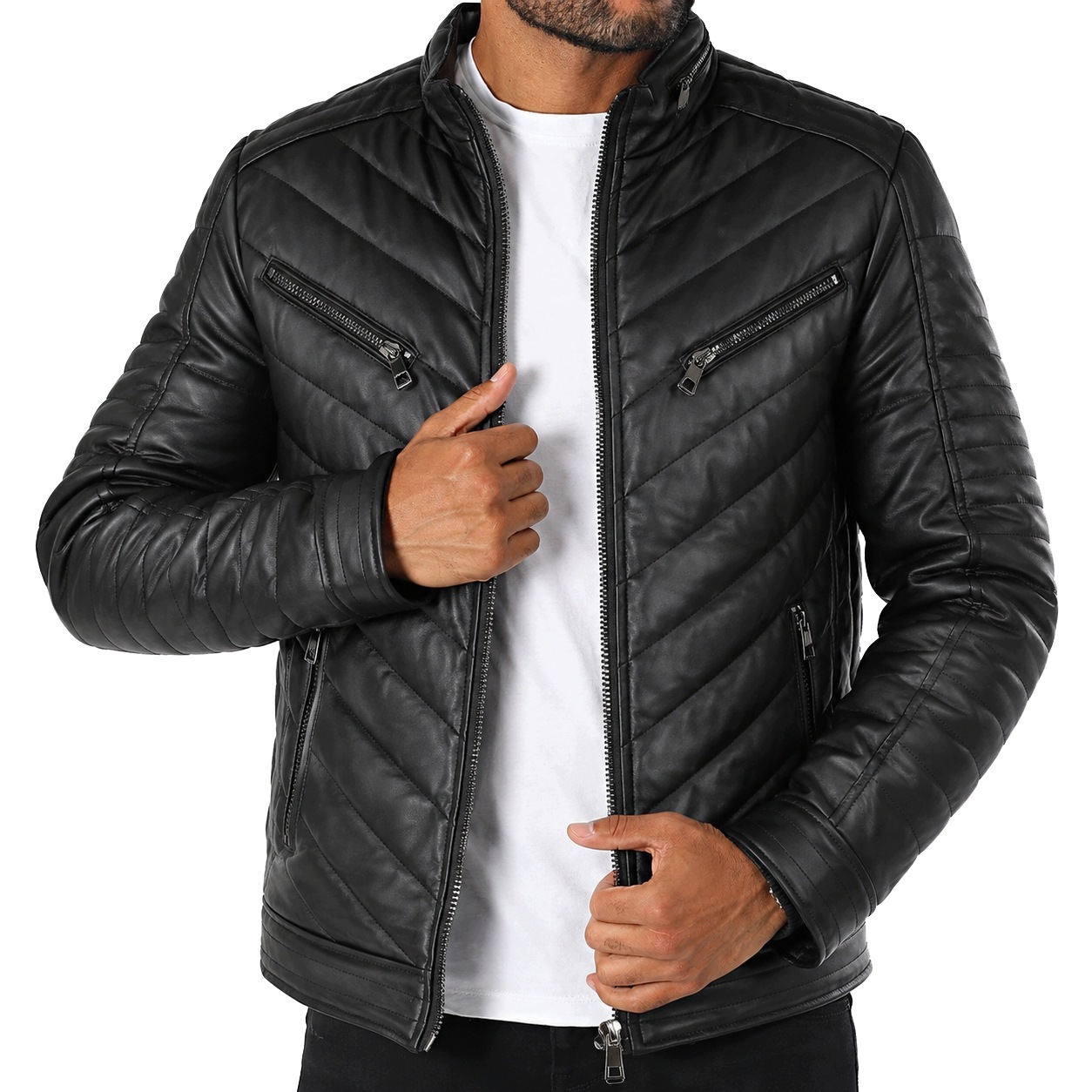 Pánská péřová bunda z eko kůže, prošívaná, slim fit