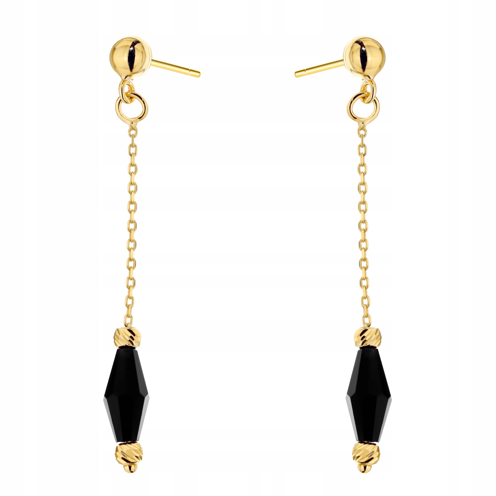 Zlaté Náušnice Závěsné pr. 585 Černý korálek Diamantové kuličky 14k