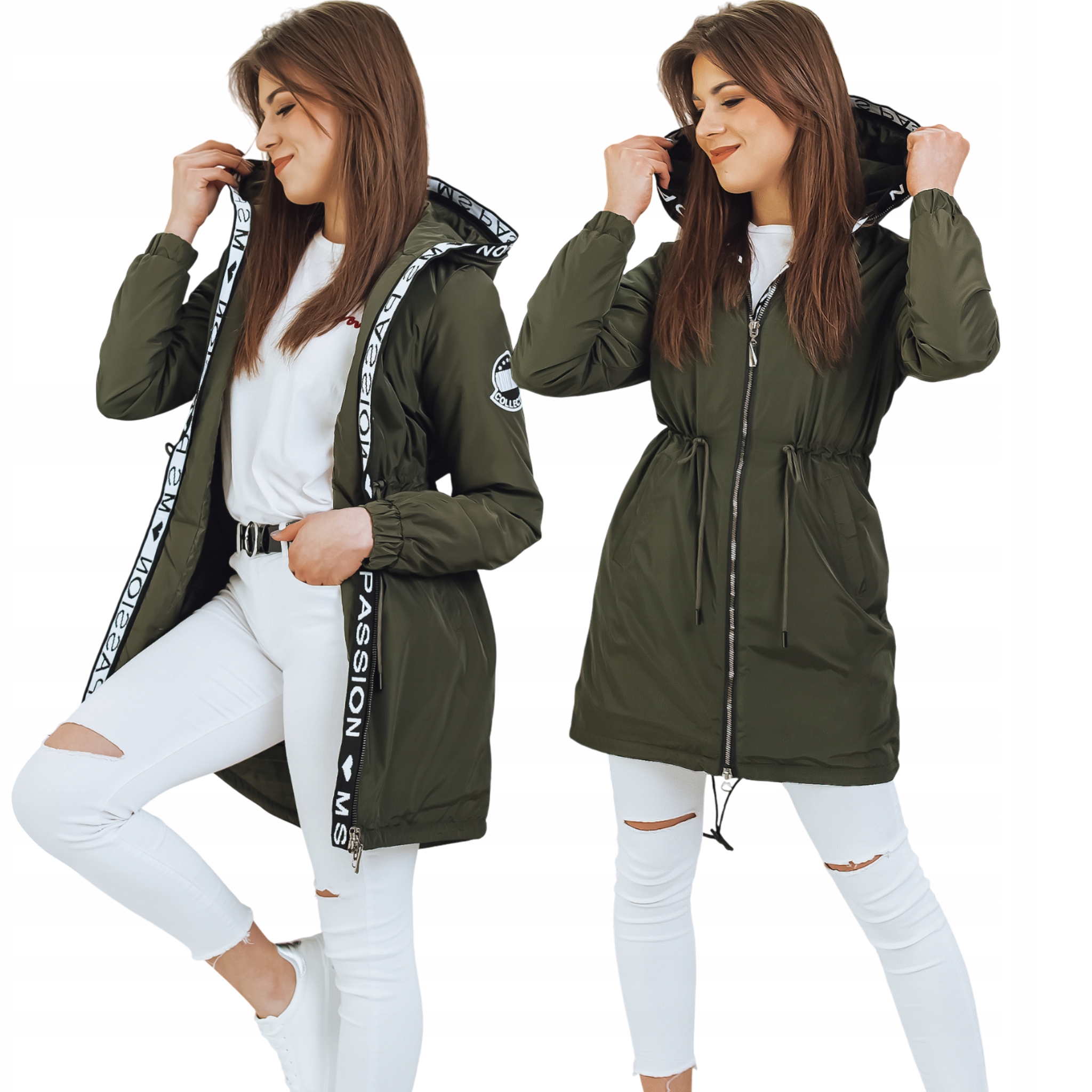 Kurtka damska parka do polowy uda z kapturem khaki TY2723 XL