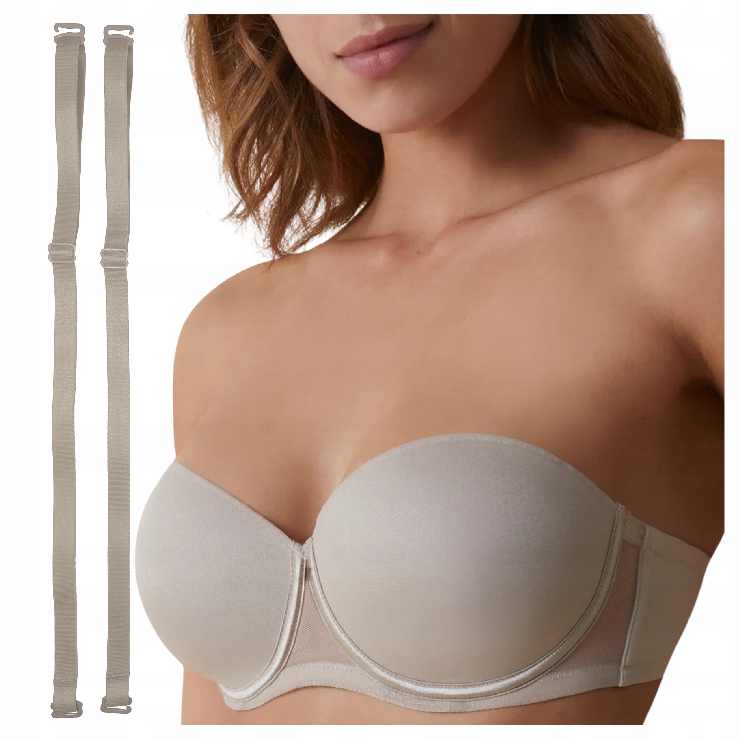 Biustonosz Samonośny Bardotka Stanik Silikonowa Taśma +Ramiączka Beżowy 75D