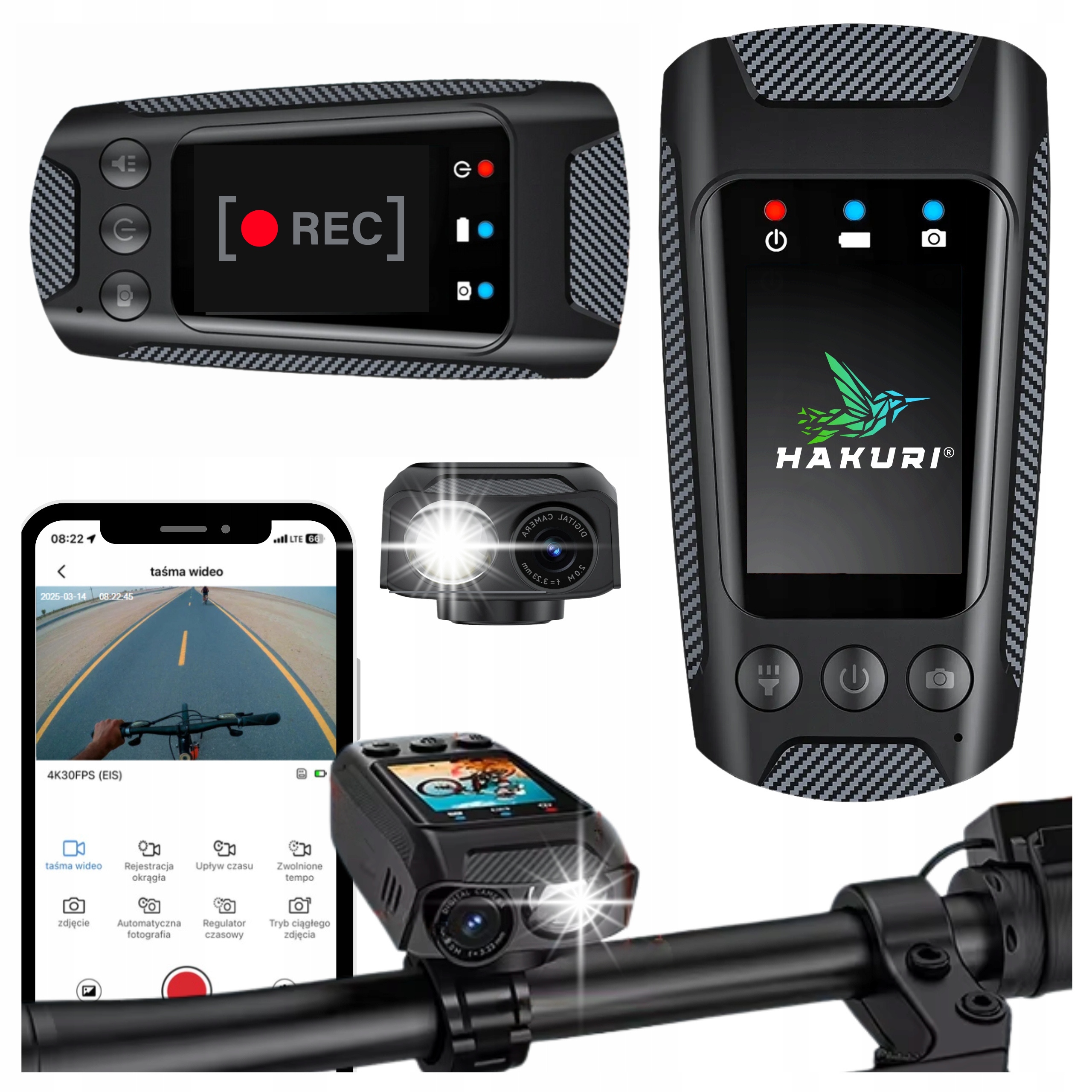 Rejestrator jazdy Kamera Sportowa 4K Video Latarka Klakson 4w1 pojemna 64GB