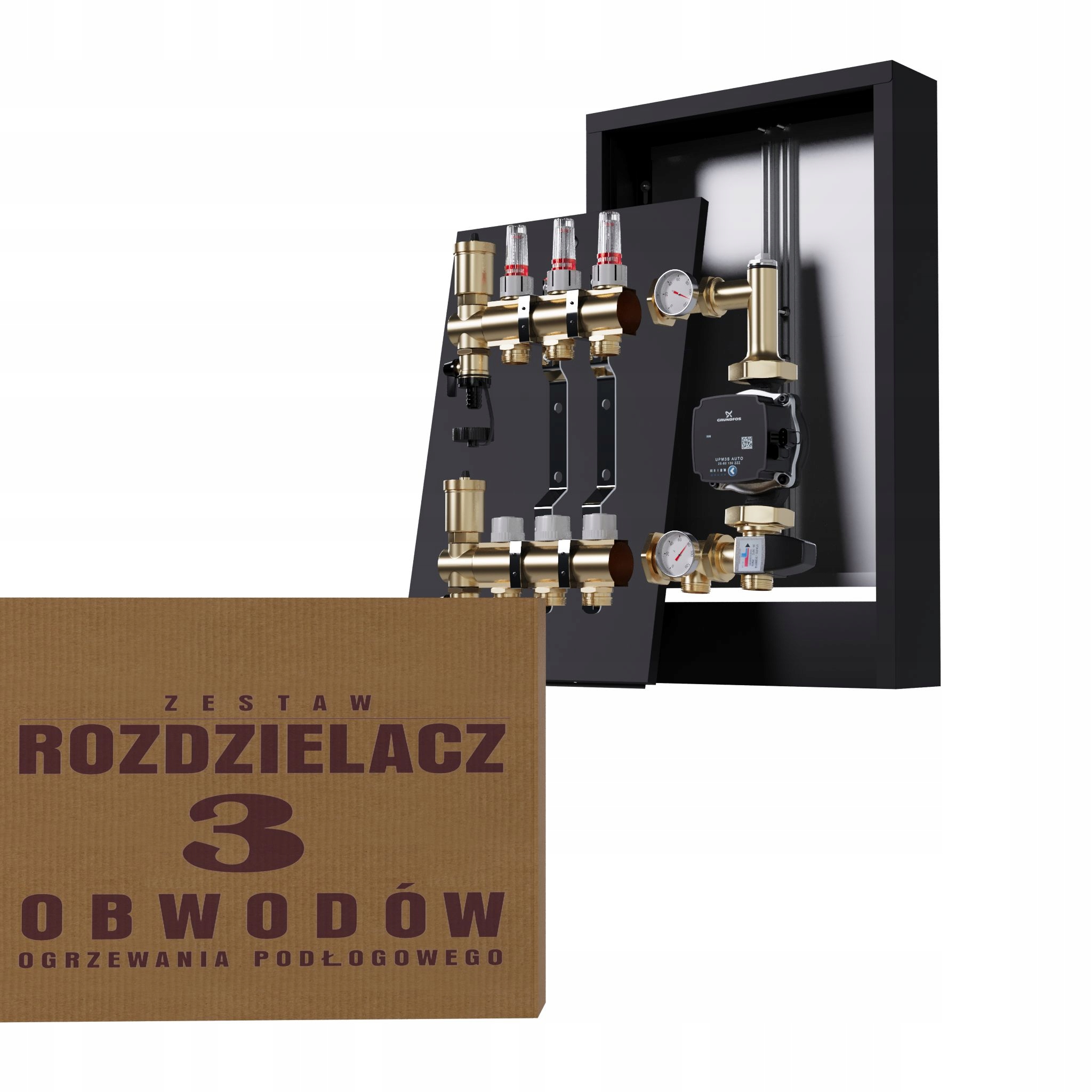 Rozdělovač pro podlahovku 3 okruhy a čerpadlo Grundfos nástěnný černý