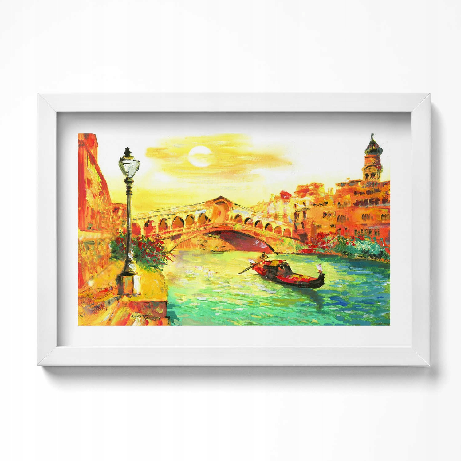 Závěsný obraz rámeček v bílé barvě Benátky – gondola a most Rialto 30x20 cm