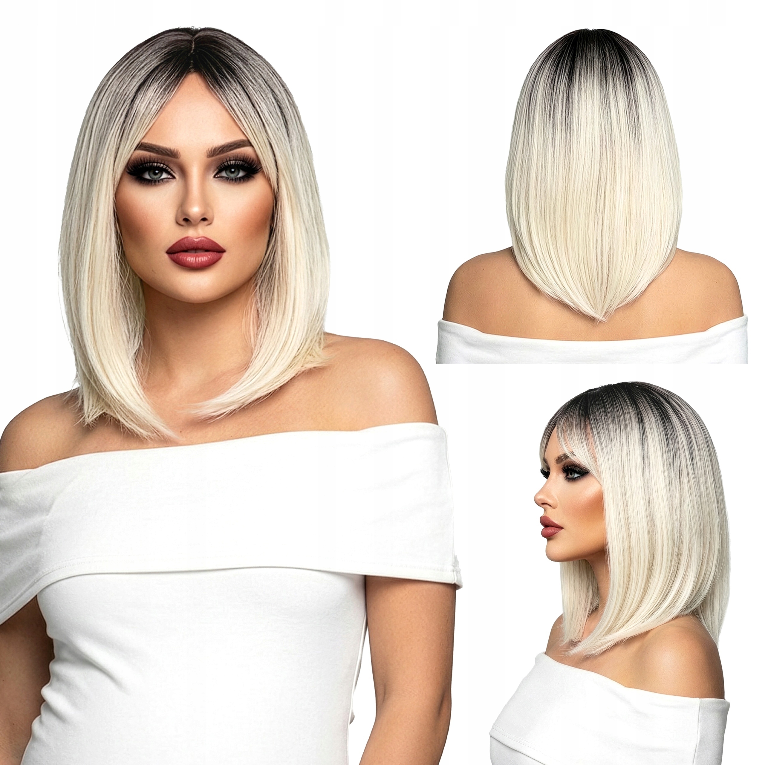 Paruka s polodlouhými syntetickými blond vlasy Althair s ofinou, tmavý odrost