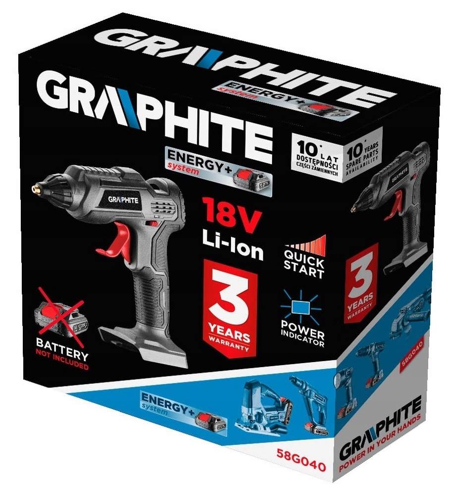 GRAPHITE Pistolet do kleju akumulatorowy ENERGY+ Temperatura maksymalna 210°C