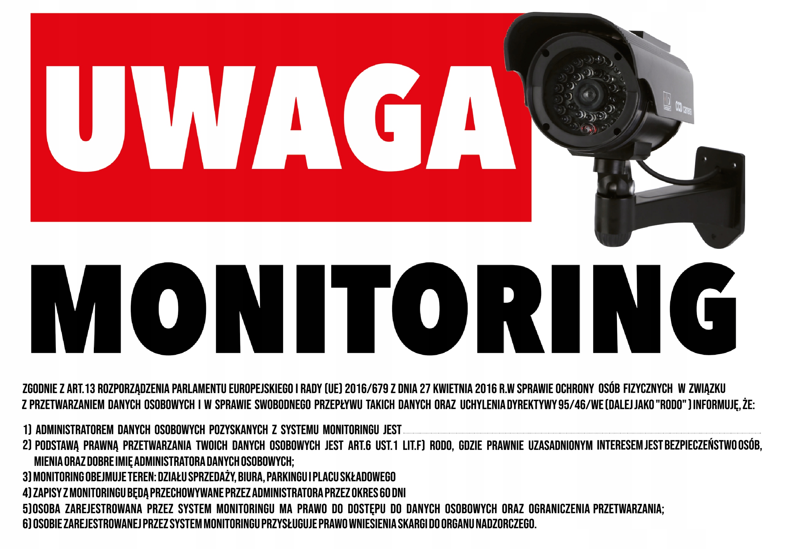 TABLICZKA PCV UWAGA MONITORING RODO Mała 25x15cm