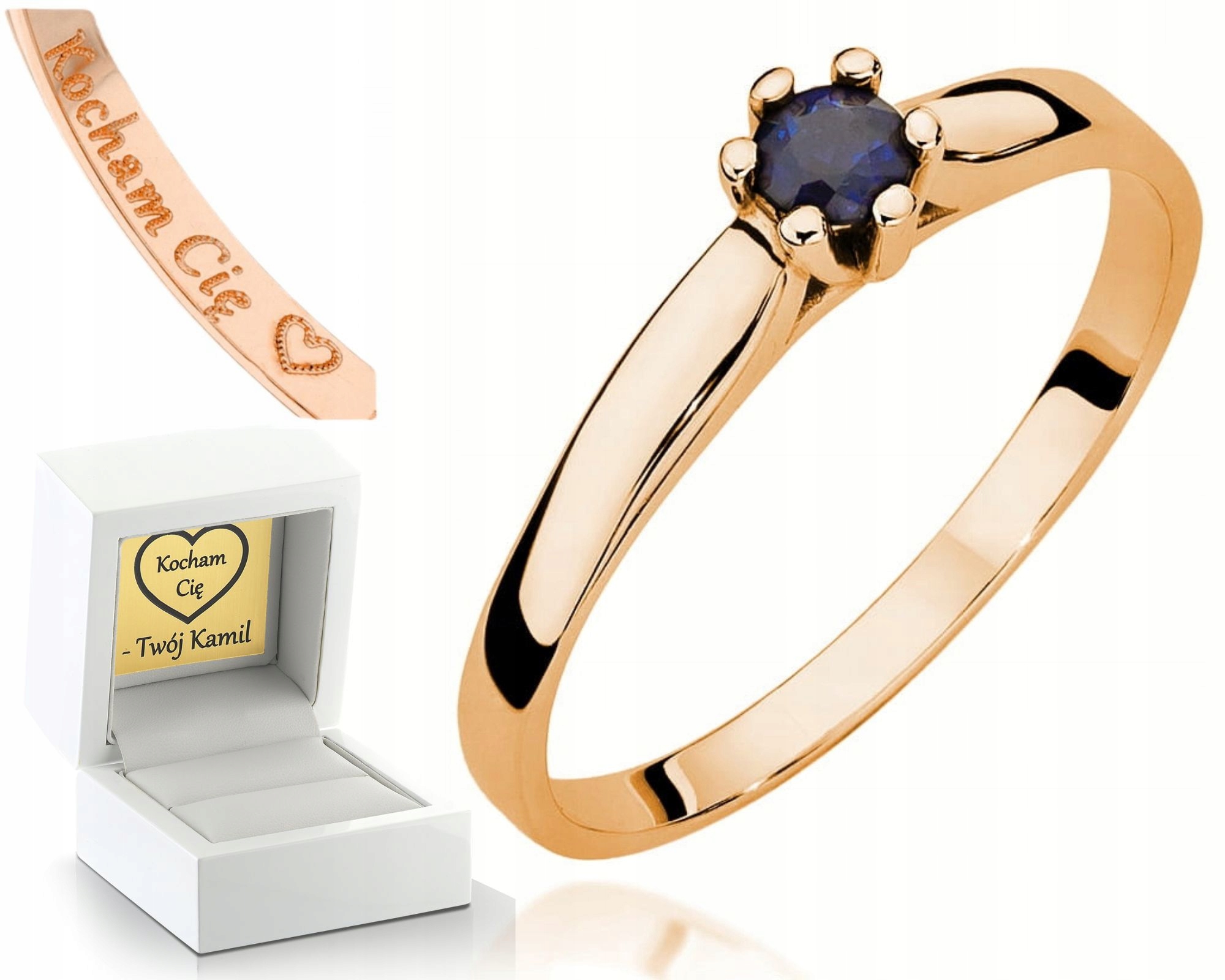 Růžové Zlato Prstýnek Se Safírem 585 Gravírování Bonus