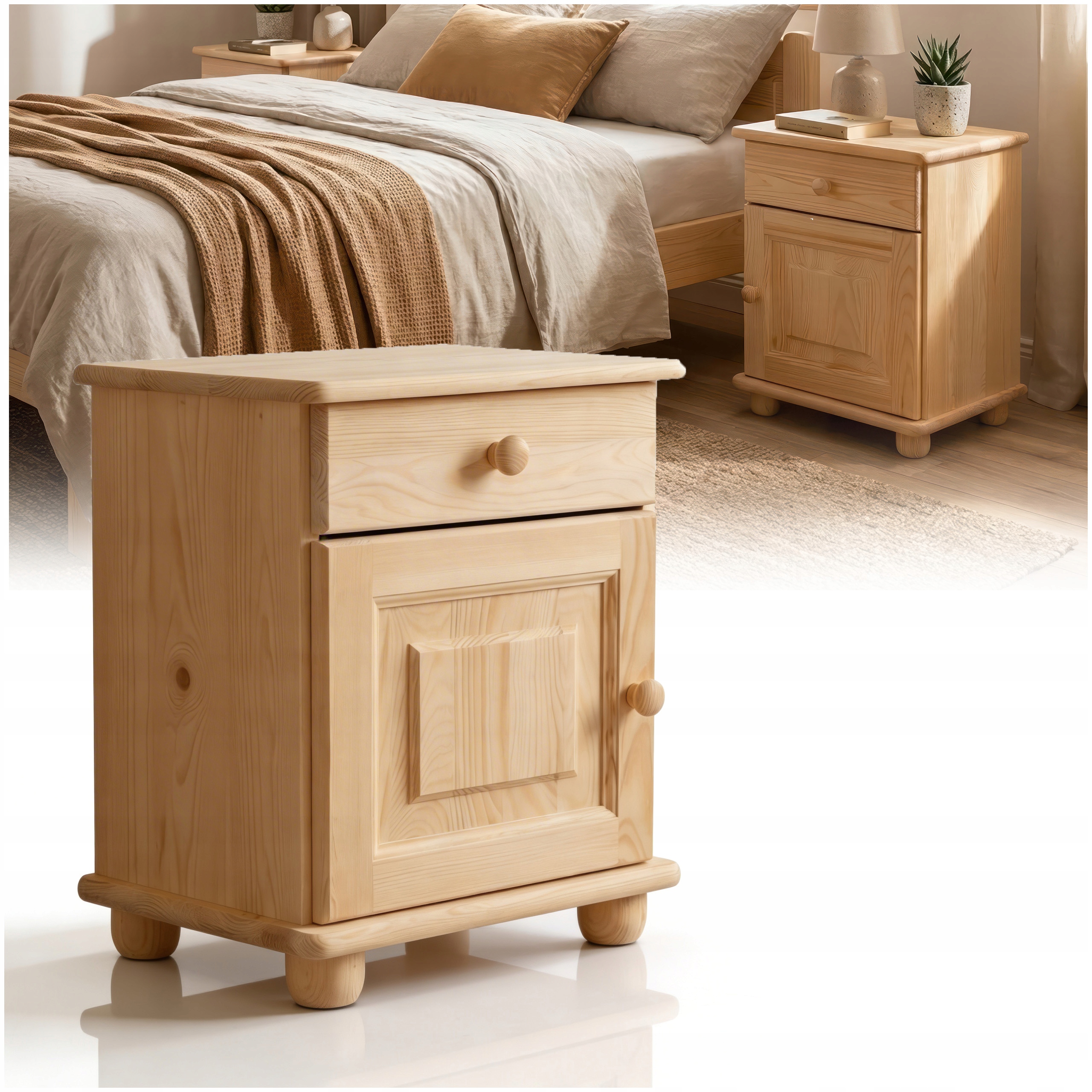 SZAFKA NOCNA DO SYPIALNI SALONU Z SZUFLADĄ DREWNIANA SOSNOWA 42cm WĄSKA
