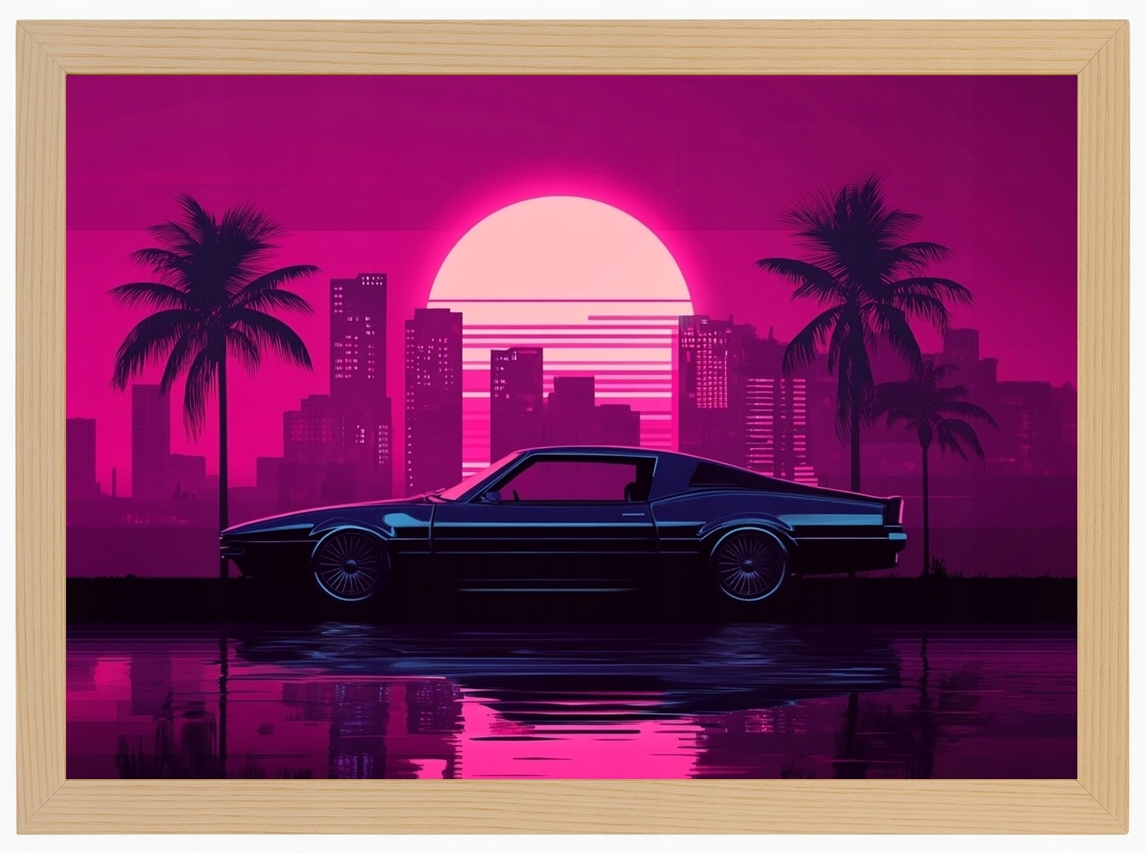 Plakát Rámeček Dřevo Grafika Synthwave Auto Slunce Miami Vice 100x70