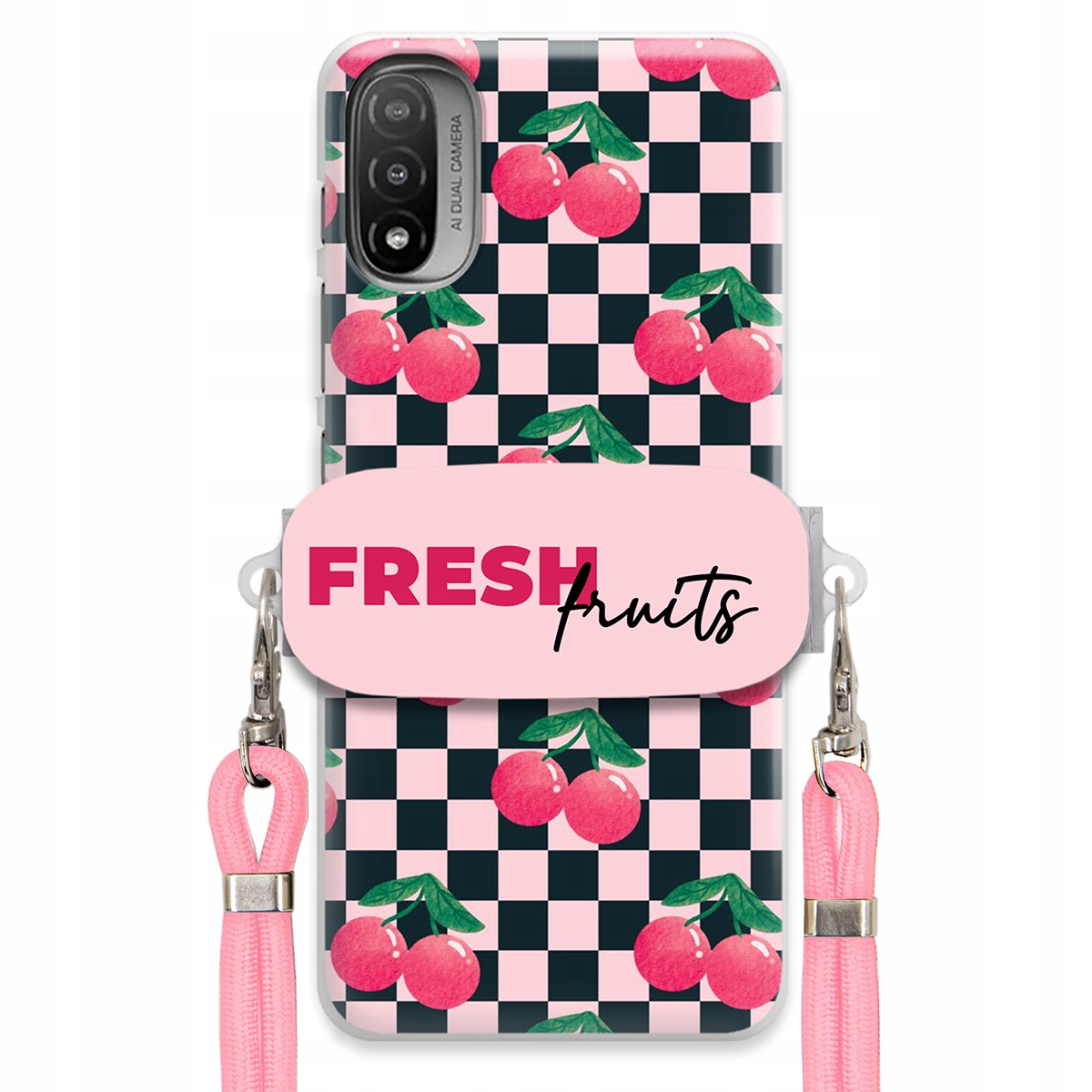 Puzdro pre Motorola E20 Vodítko Pink Crossbody Držiak Šachovnica Fresh Fruits