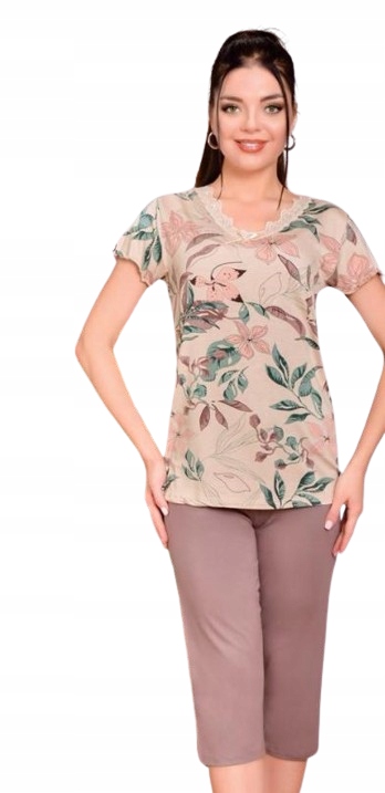 Elegantní Pyžamo Viskóza Tričko S Krajkou Květy Listy Kalhoty 3/4 XXL