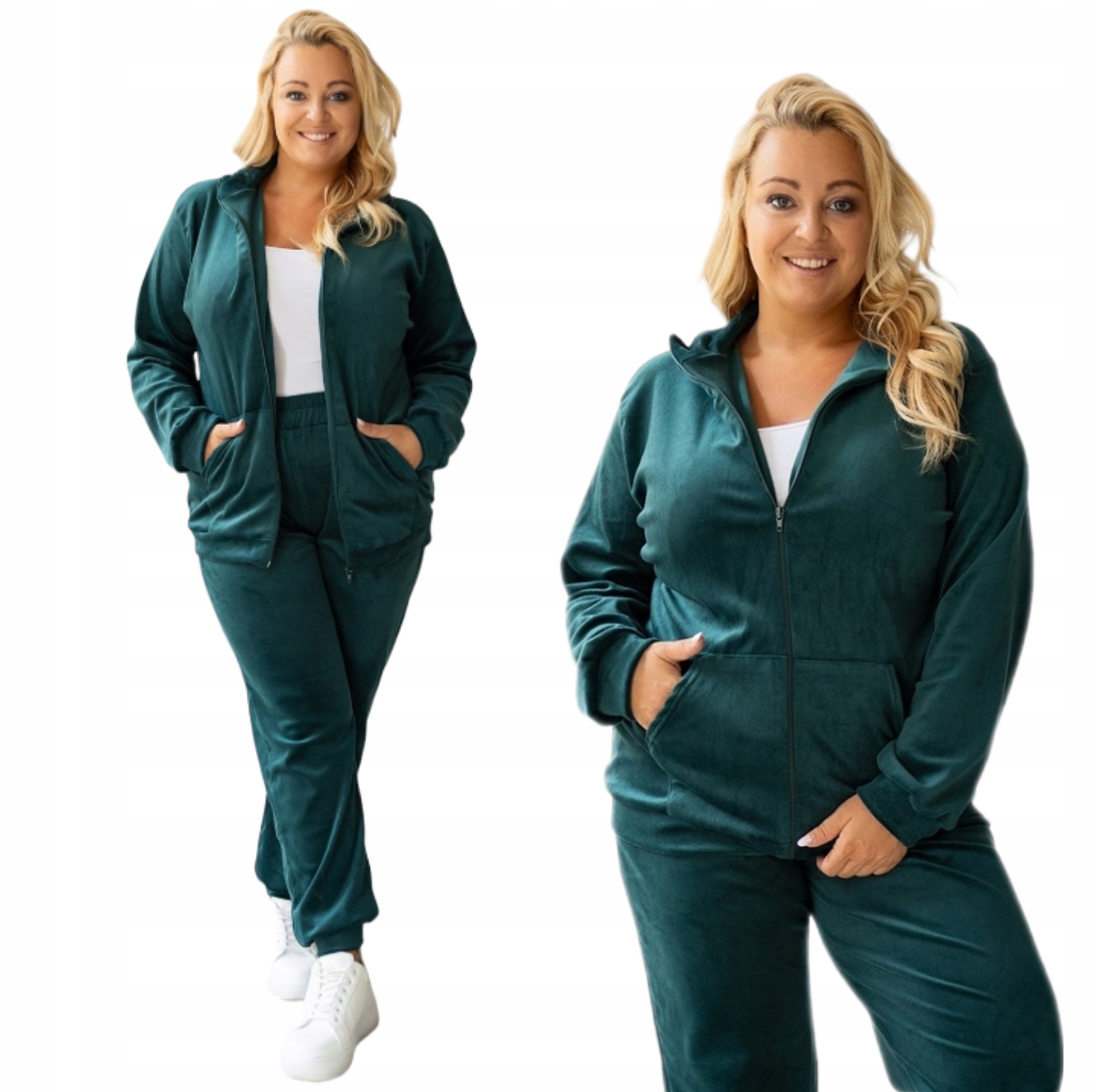 Dres welurowy Komplet Spodnie Bluza Rozpinana Zielony Pl Plus Size 44/46