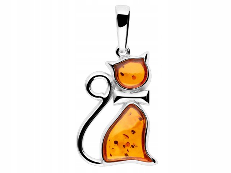 Stříbrný Přívěsek Kočka s Jantarem Dámský Stříbrný Přívěsek Koťátko Kotě