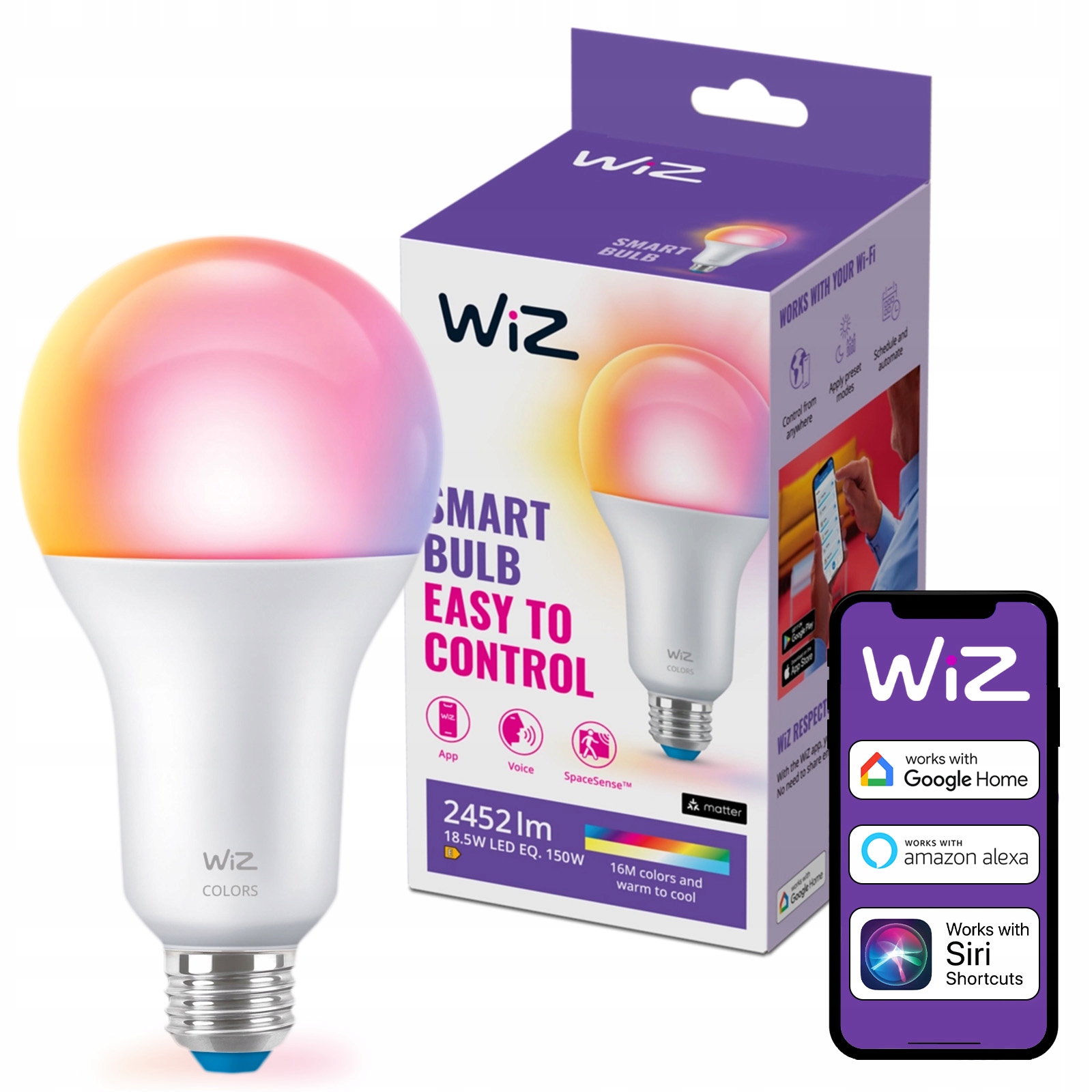 Led žárovka E27 A80 18,5W (odpovídá 150W) 2200-6500K Tw Rgb Smart WiFi Ovládání aplikací WiZ