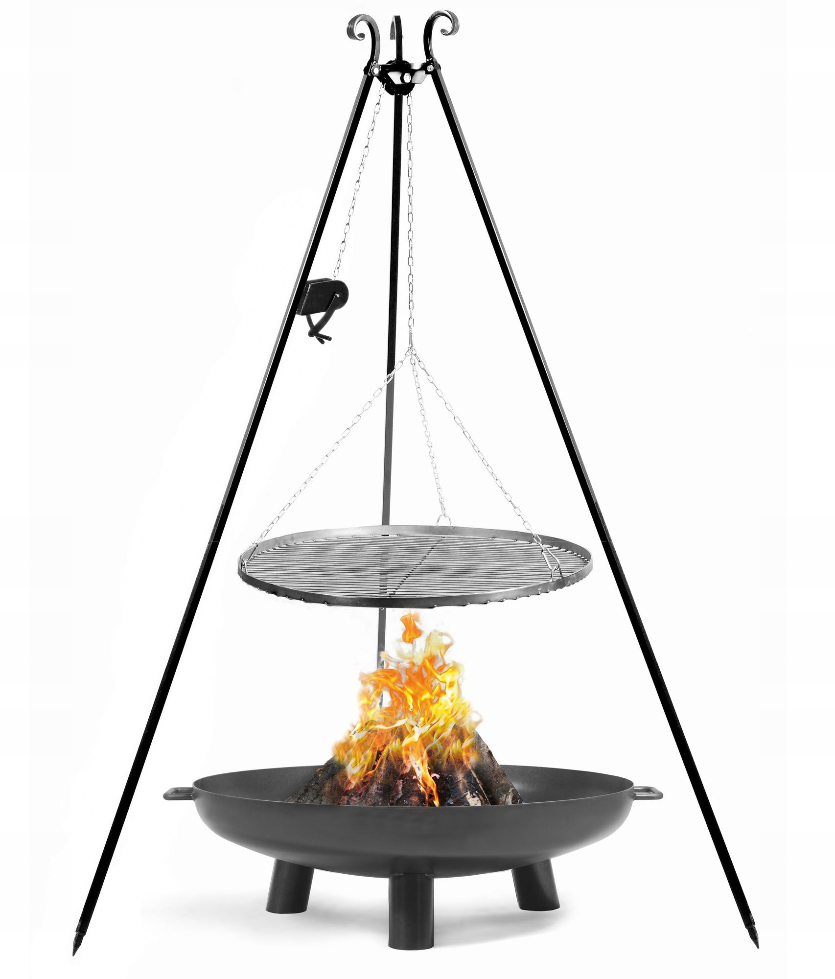 Grill Na Trójnogu Stal Czarna 80 CM Z Kołowrotkiem+ Palenisko Bali 80 CM