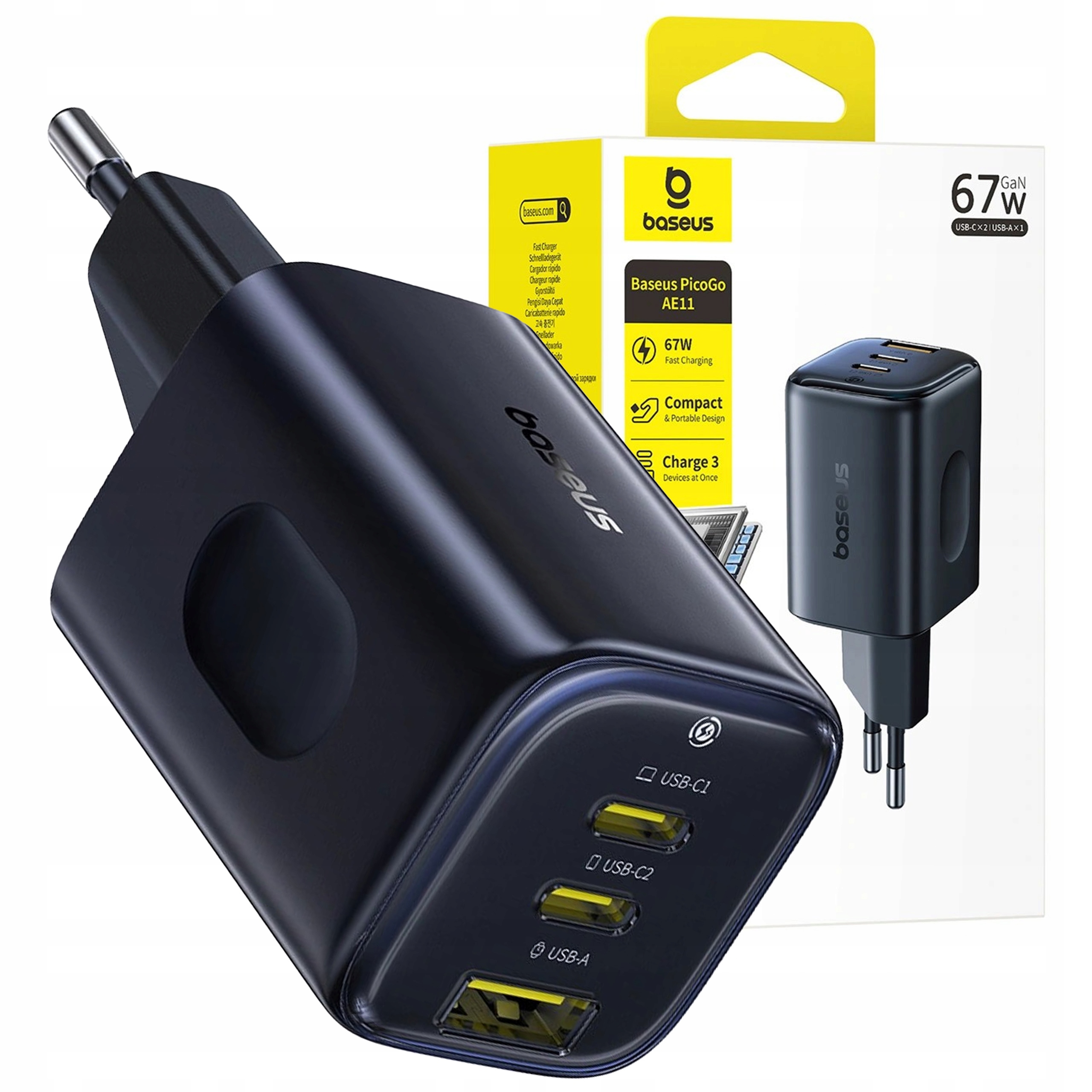 Szybka Ładowarka Baseus 2x Usb-c Usb-a Qc Pd 67W Gan Do Telefonu Laptopa