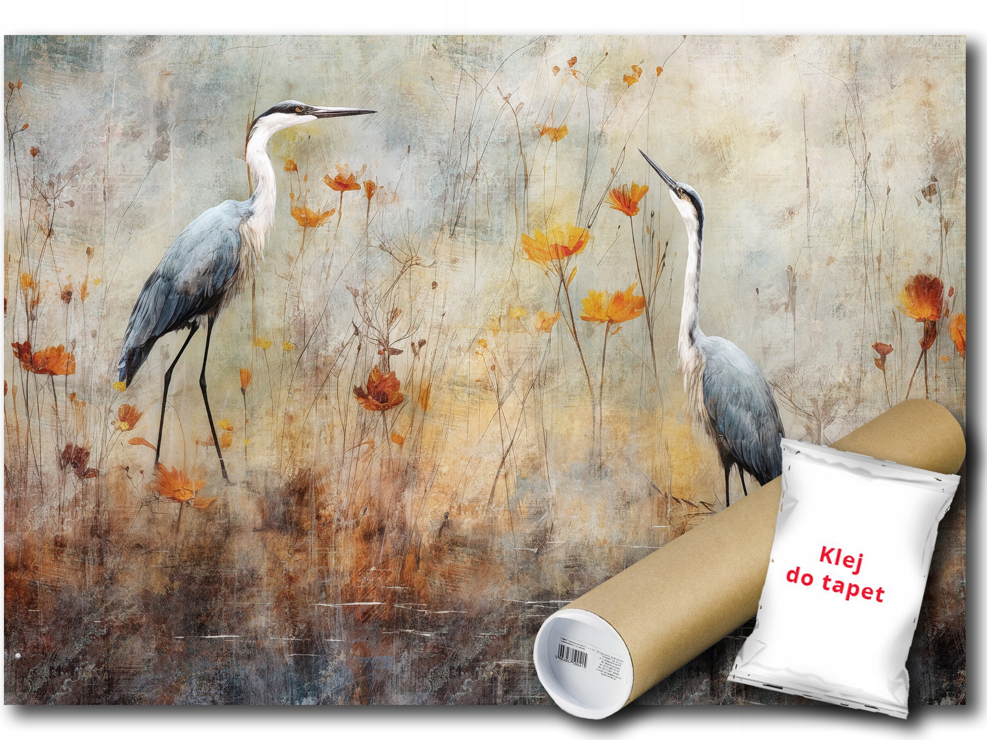 Vinylová Fototapeta Vták Žurav Čapla Kvety Grafika Príroda 416x254